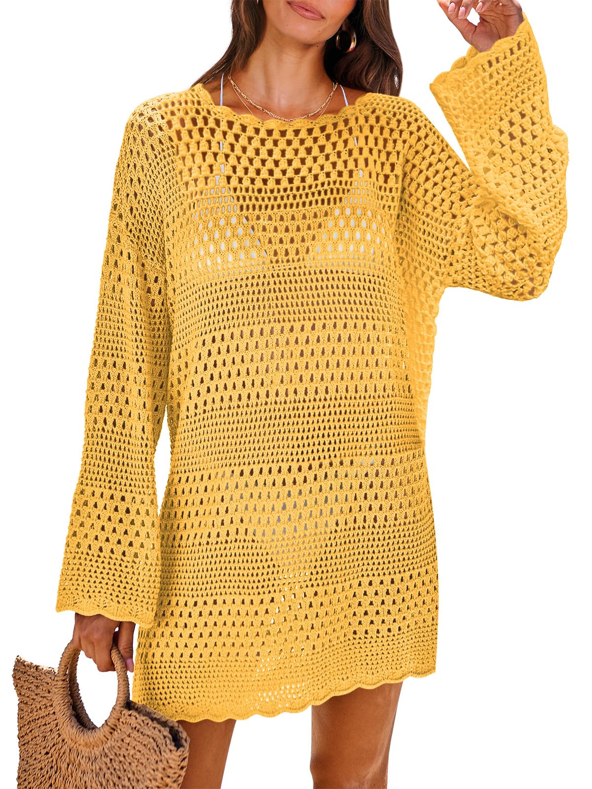 ANRABESS Women Swimsuit Crochet Swim Cover Up 2025 Summer Bathing Suit Swimwear Mesh Knit Beach Dress Vacation Outfits