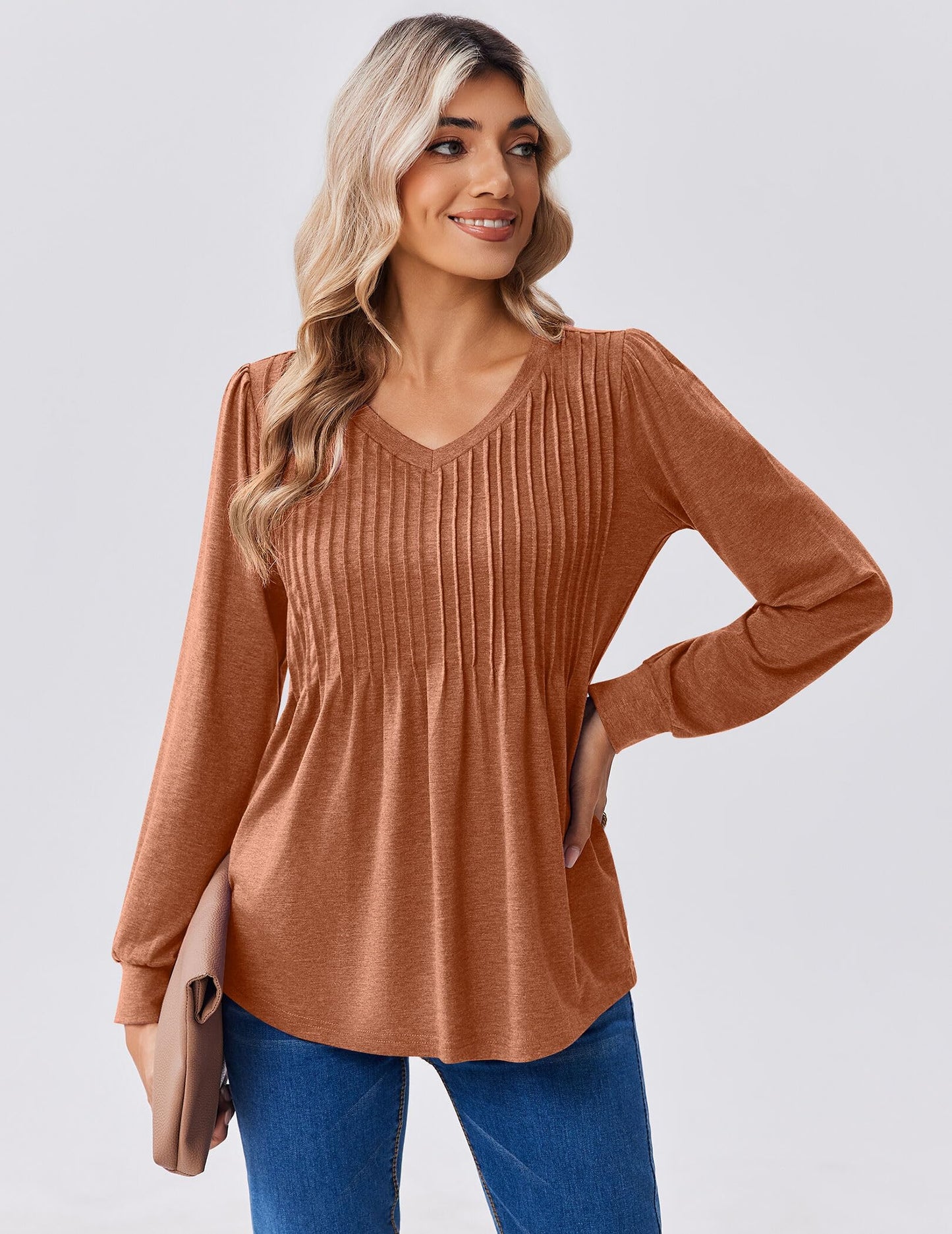 Zeagoo Long Sleeve Shirts for Women Casual V Neck Top Pleated Floral Boho Blouses 2025 Fall Tunics
