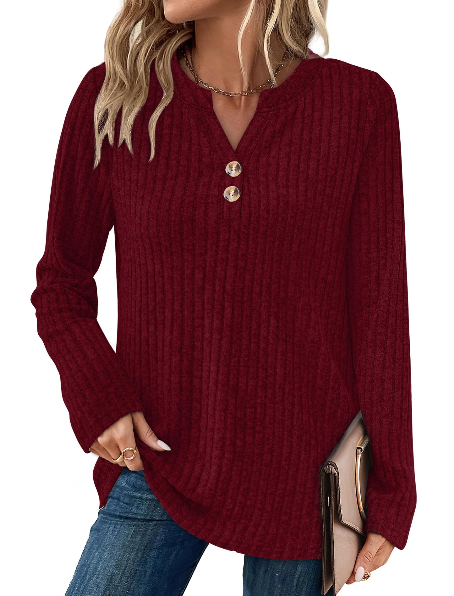 SAMPEEL Womens Sweaters Lightweight Long Sleeve Shirts V Neck Tops with Button Fall Outfits 2025