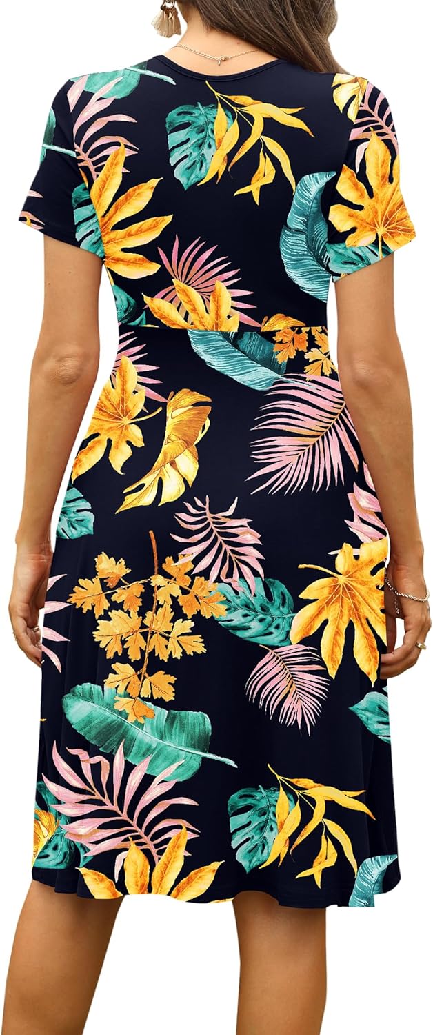 WEACZZY Women's Summer Short Sleeve Casual Dresses V-Neck Floral Party Dress with Pockets