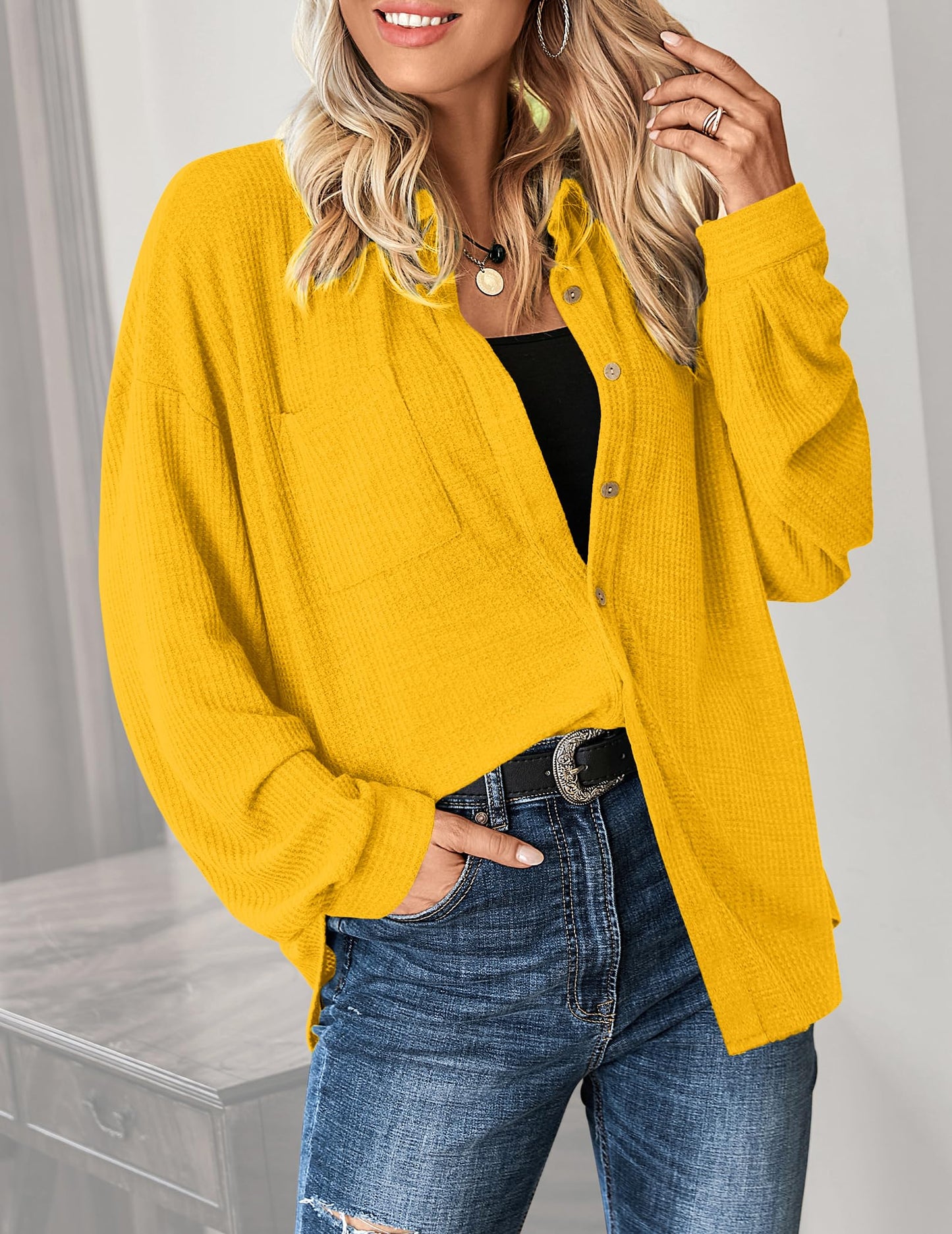HOTOUCH Waffle Button Down Shirts for Women Dressy Casual Work Shacket V Neck Long Sleeve Lightweight Tops with Pocket