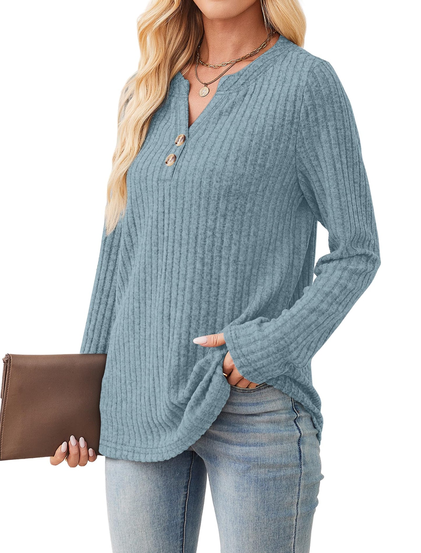SAMPEEL Womens Sweaters Lightweight Long Sleeve Shirts V Neck Tops with Button Fall Outfits 2025