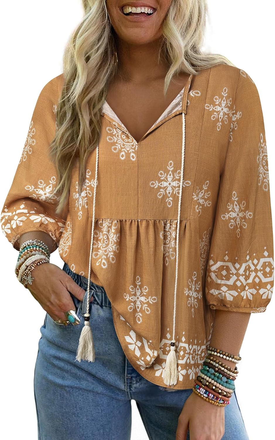 Vivilli Womens Summer Boho Babydoll Tops 3/4 Sleeve Pleated Peplum Peasant Blouses Casual V Neck Tie Front Fall Outfits