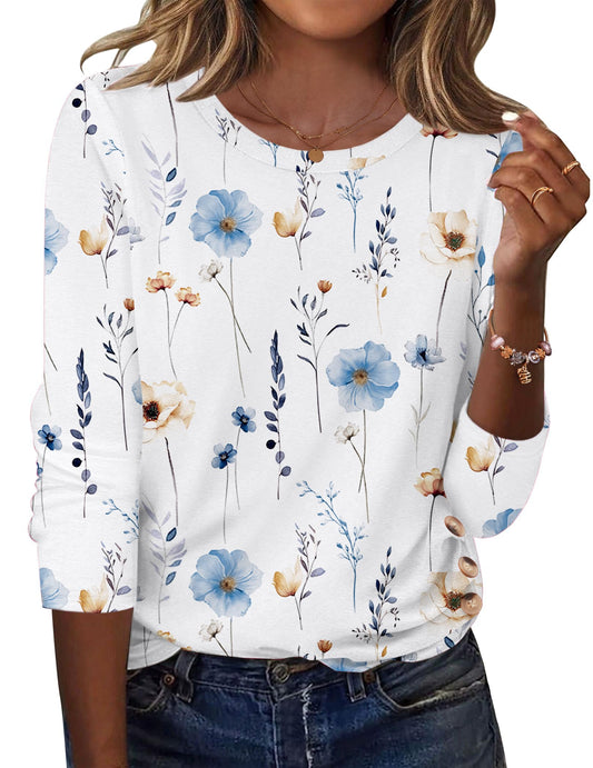 Zeagoo Womens Tops 2025 Long Sleeve Shirts for Fall Round Neck Blouses Floral Tunic Tops with Buttons Decor