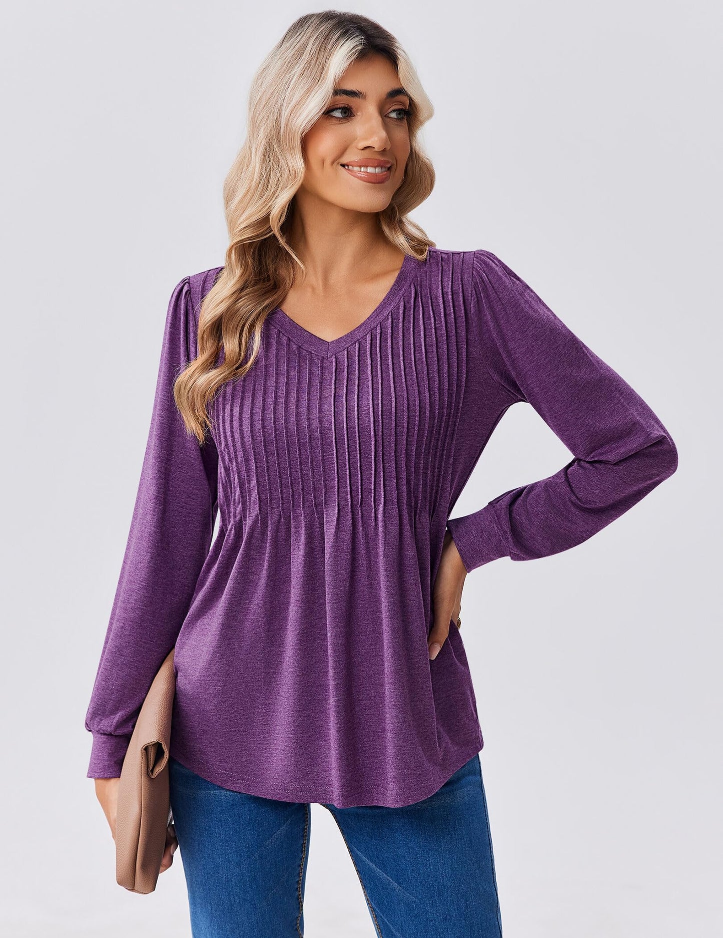 Zeagoo Long Sleeve Shirts for Women Casual V Neck Top Pleated Floral Boho Blouses 2025 Fall Tunics