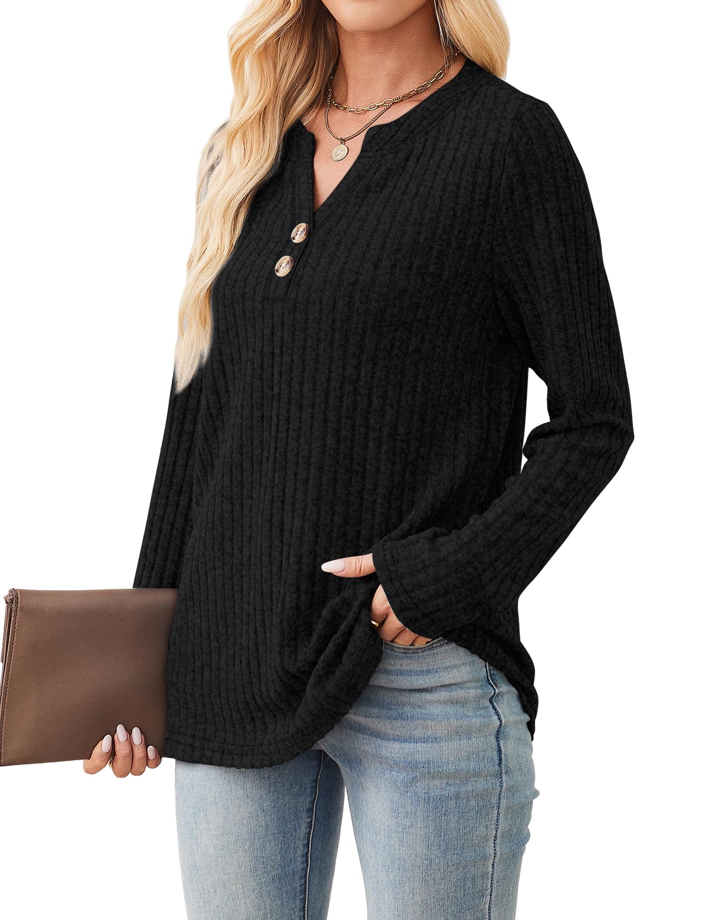 SAMPEEL Womens Sweaters Lightweight Long Sleeve Shirts V Neck Tops with Button Fall Outfits 2025