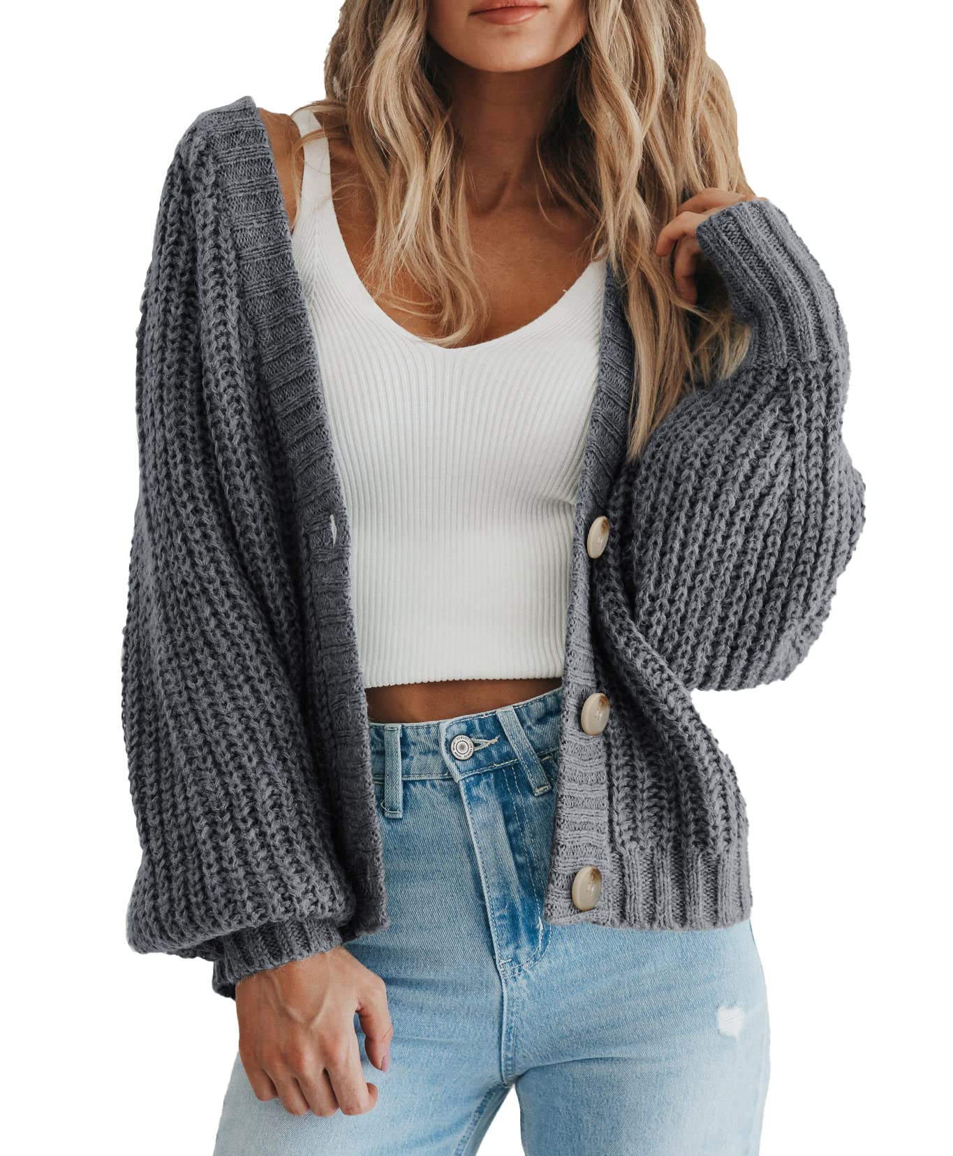 PRETTYGARDEN Women's Chunky Knit Open Front Sweater Long Sleeve Button Loose Short Cardigan Outerwear Coats