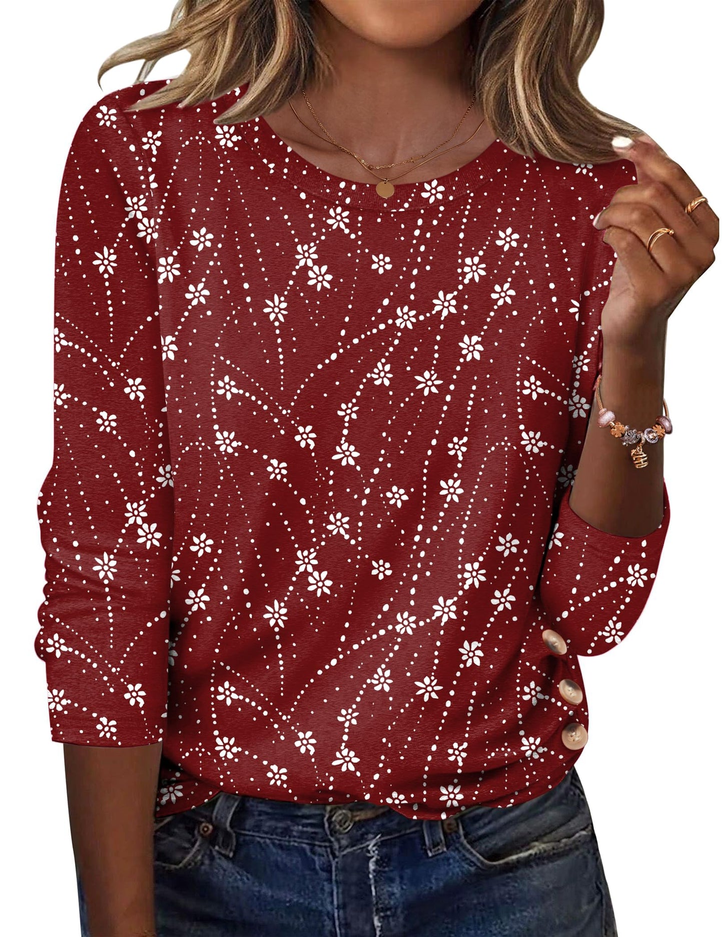 Zeagoo Womens Tops 2025 Long Sleeve Shirts for Fall Round Neck Blouses Floral Tunic Tops with Buttons Decor