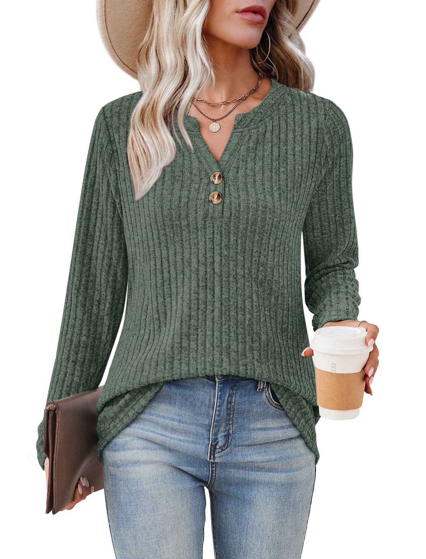 SAMPEEL Womens Sweaters Lightweight Long Sleeve Shirts V Neck Tops with Button Fall Outfits 2025