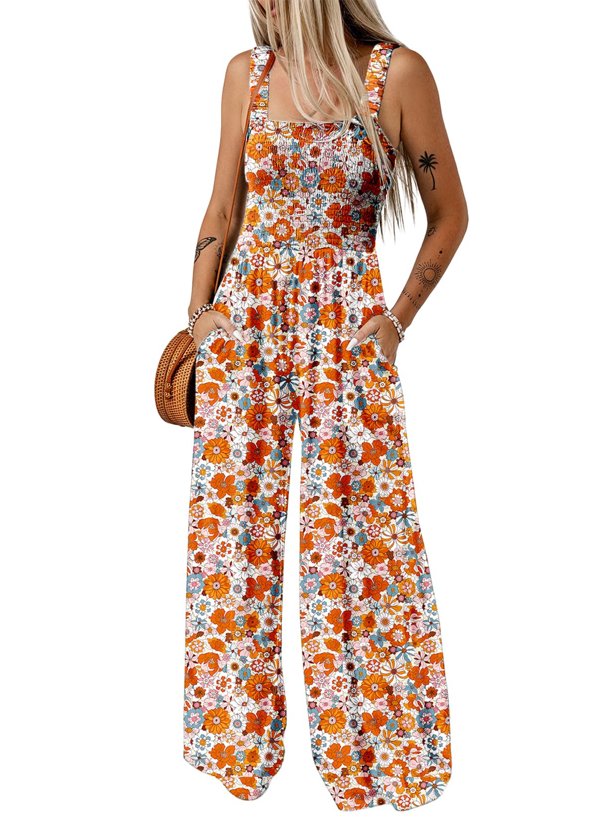 Dokotoo Women's Casual Loose Overalls Jumpsuits One Piece Sleeveless Printed Wide Leg Long Pant Rompers With Pockets