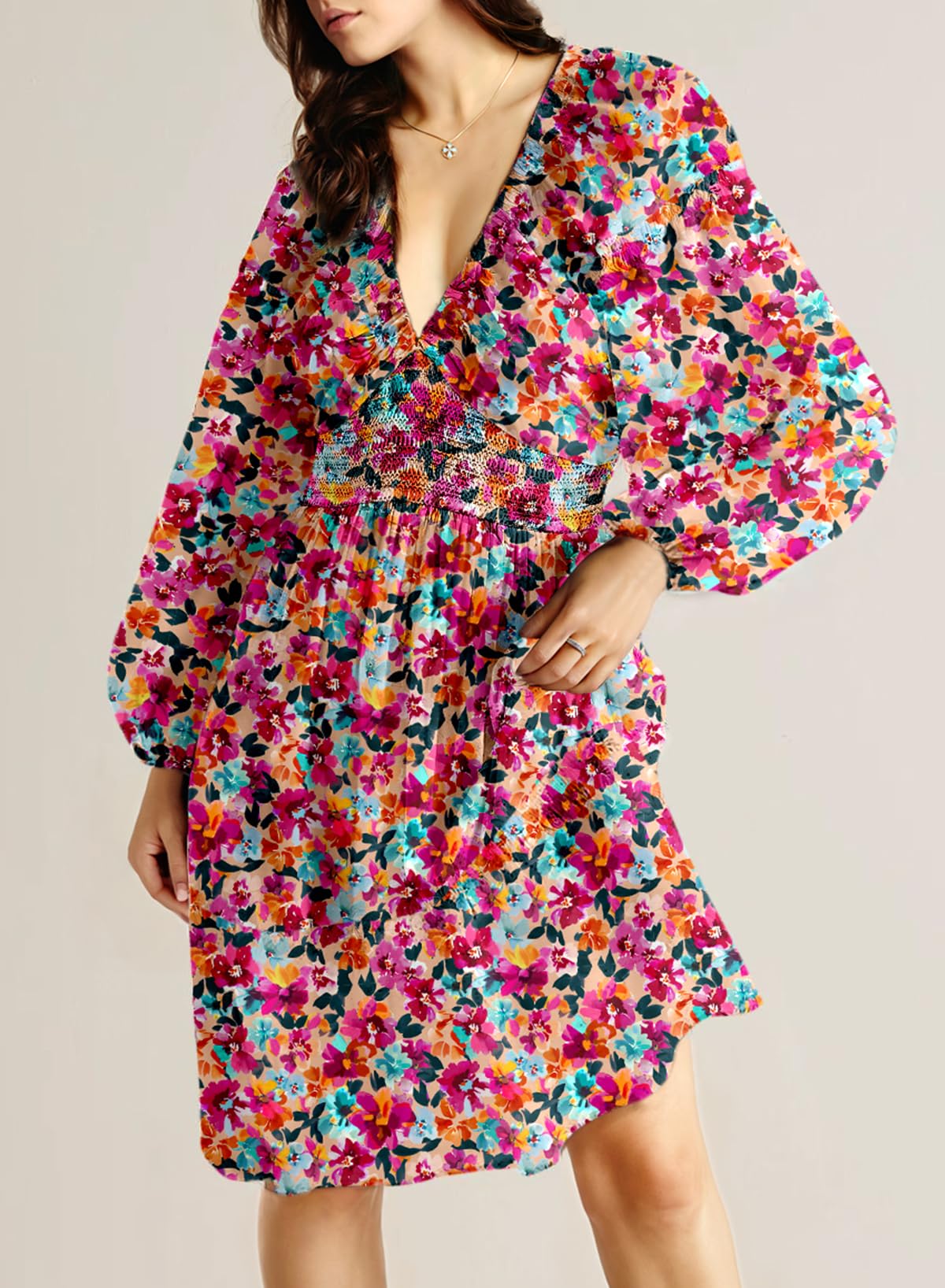 Dokotoo Fall Dresses for Women 2025 Boho Floral V Neck Long Sleeve Smocked Elastic Waist Casual A-Line Mini Dress Sundress