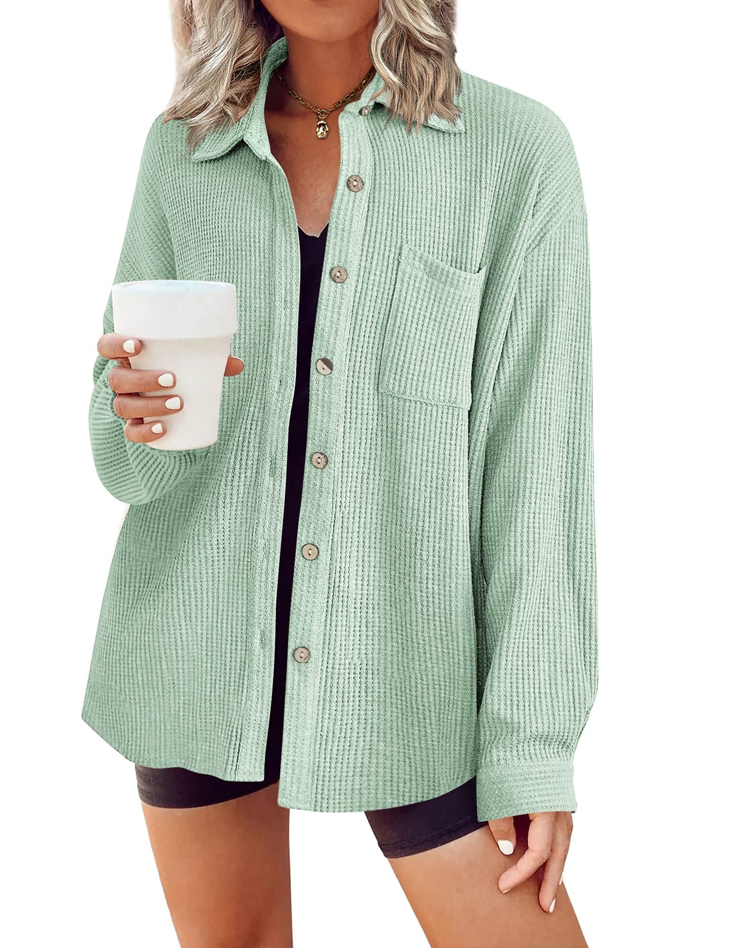 HOTOUCH Waffle Button Down Shirts for Women Dressy Casual Work Shacket V Neck Long Sleeve Lightweight Tops with Pocket