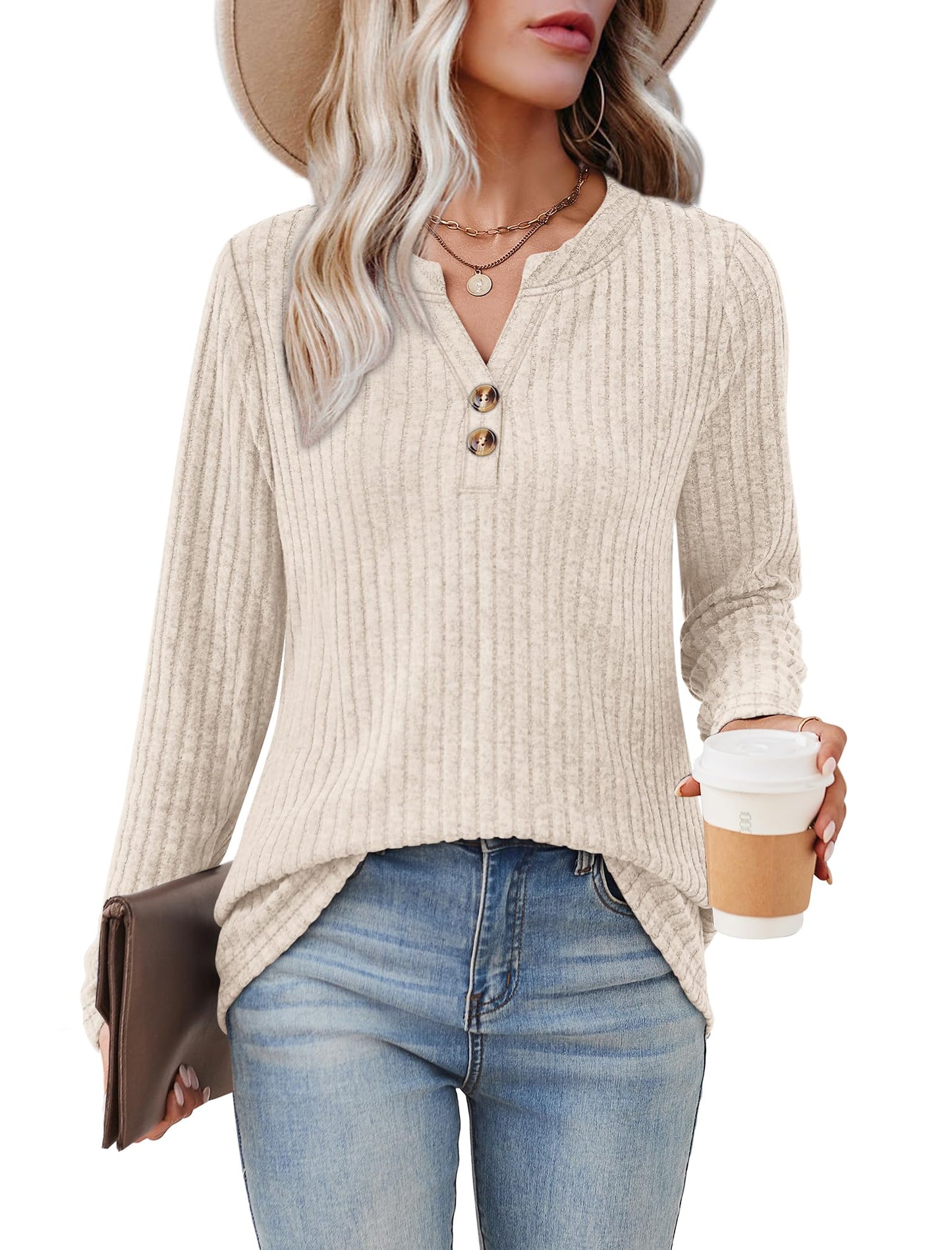 SAMPEEL Womens Sweaters Lightweight Long Sleeve Shirts V Neck Tops with Button Fall Outfits 2025