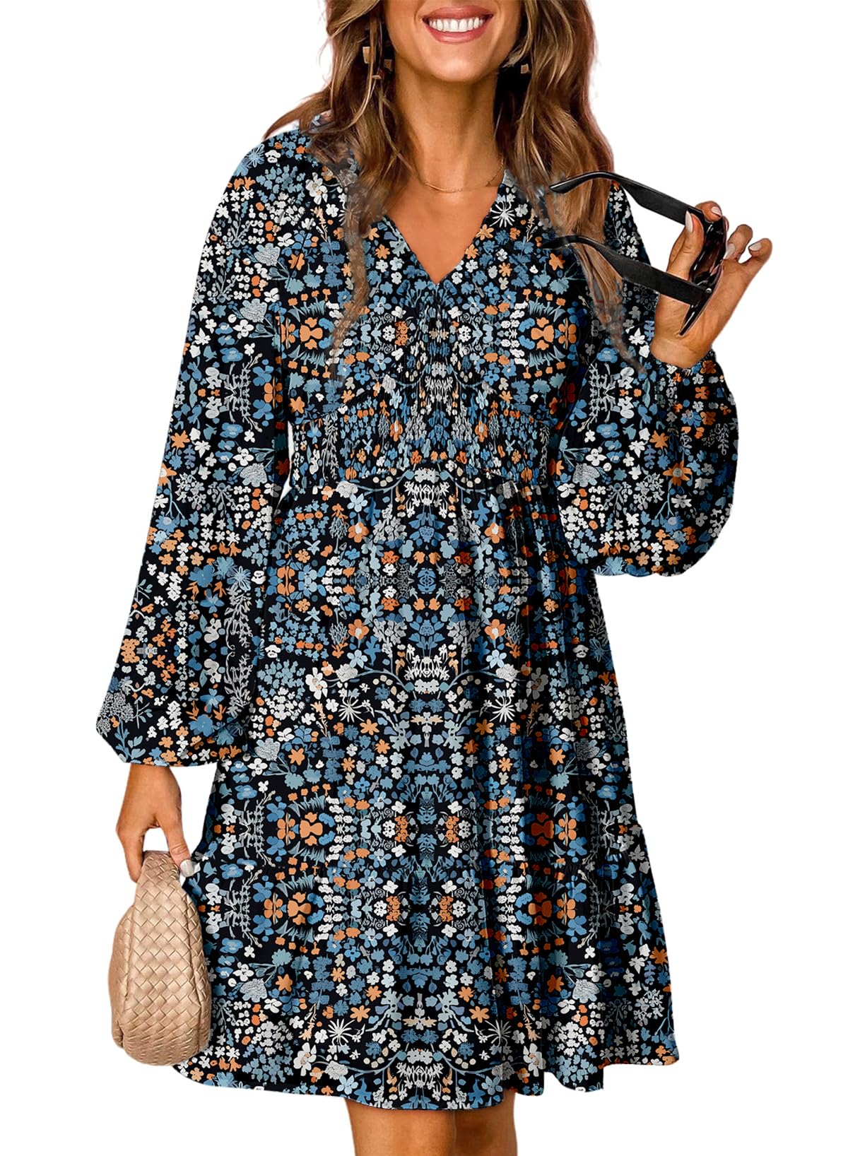 Dokotoo Fall Dresses for Women 2025 Boho Floral V Neck Long Sleeve Smocked Elastic Waist Casual A-Line Mini Dress Sundress