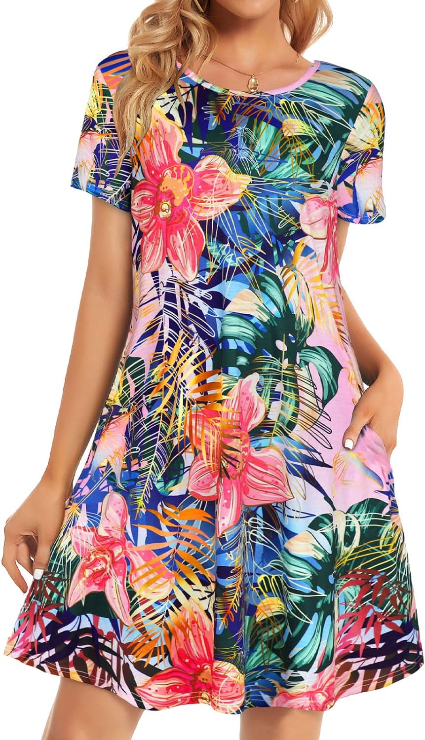 Womens Summer Dresses Beach Casual Loose Tshirt Floral Short Sleeve Flowy Pockets Sundresses