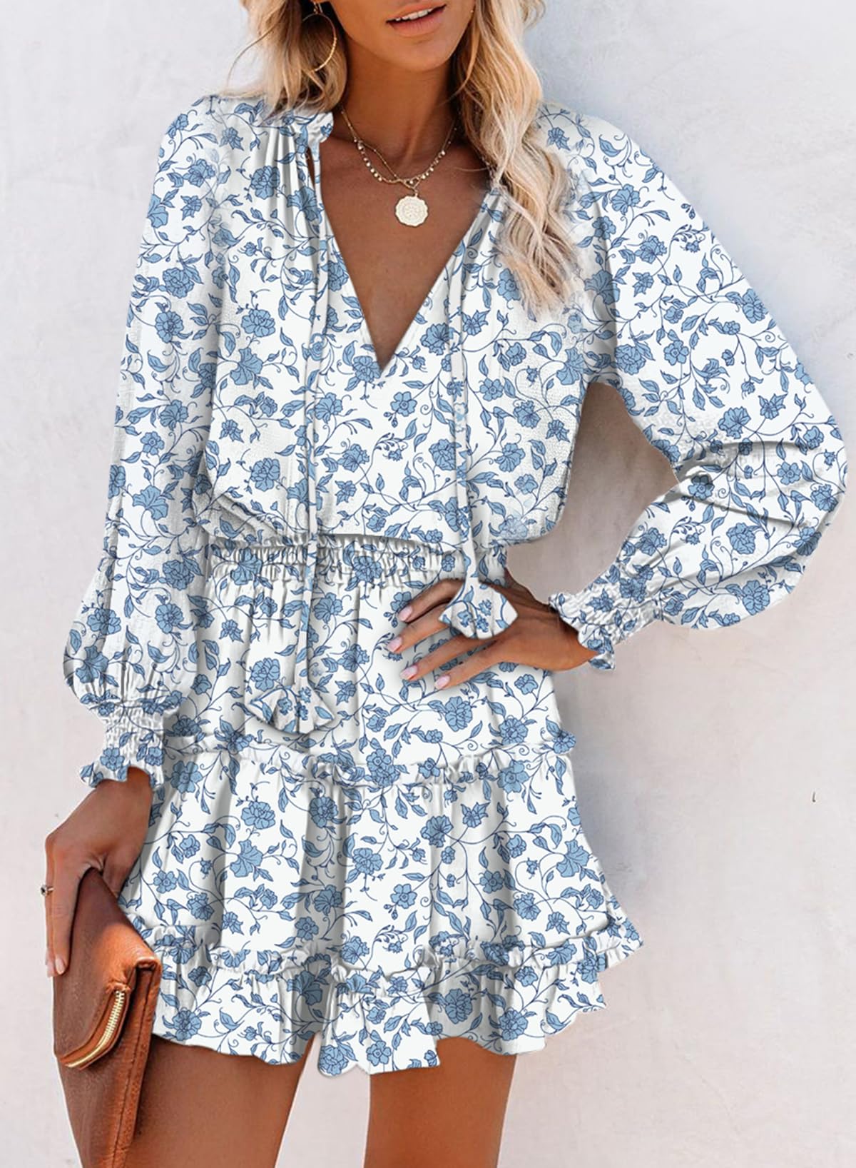 Dokotoo Fall Dresses for Women 2025 Boho Floral Drawstring V Neck Smocked Long Sleeve Ruffle Tiered Chiffon Mini Dress
