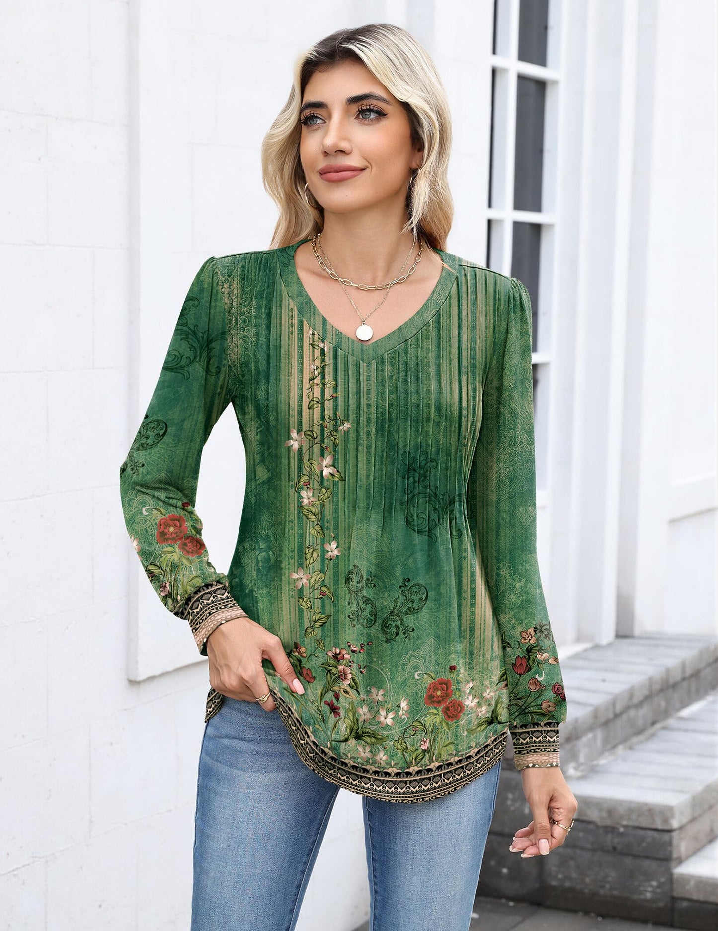 Zeagoo Long Sleeve Shirts for Women Casual V Neck Top Pleated Floral Boho Blouses 2025 Fall Tunics