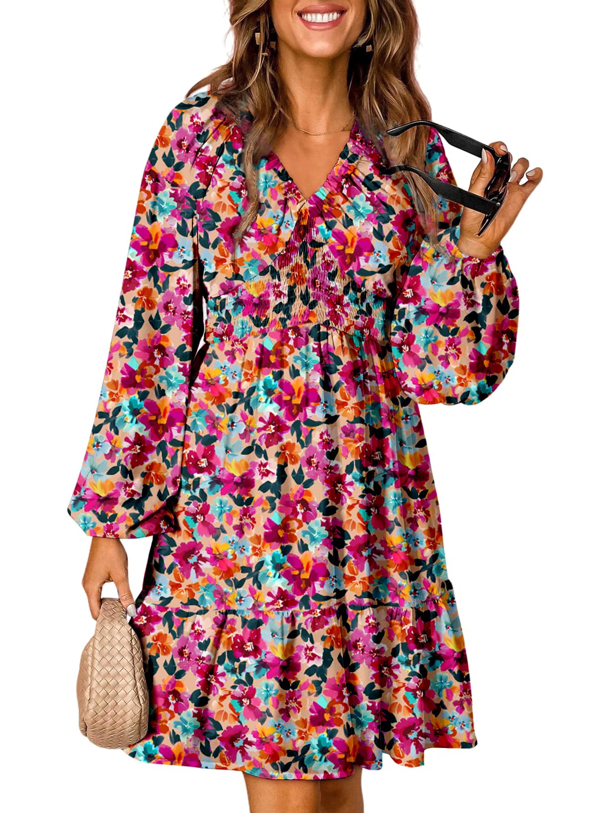 Dokotoo Fall Dresses for Women 2025 Boho Floral V Neck Long Sleeve Smocked Elastic Waist Casual A-Line Mini Dress Sundress