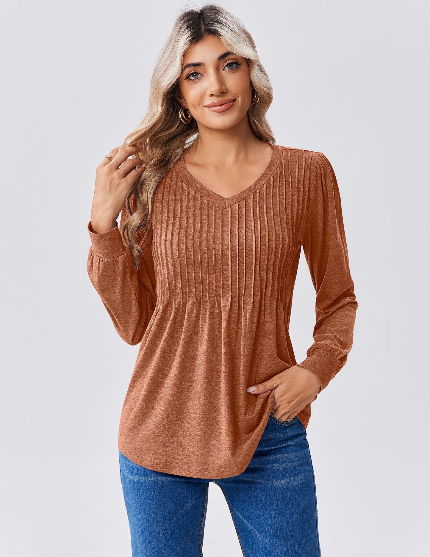 Zeagoo Long Sleeve Shirts for Women Casual V Neck Top Pleated Floral Boho Blouses 2025 Fall Tunics