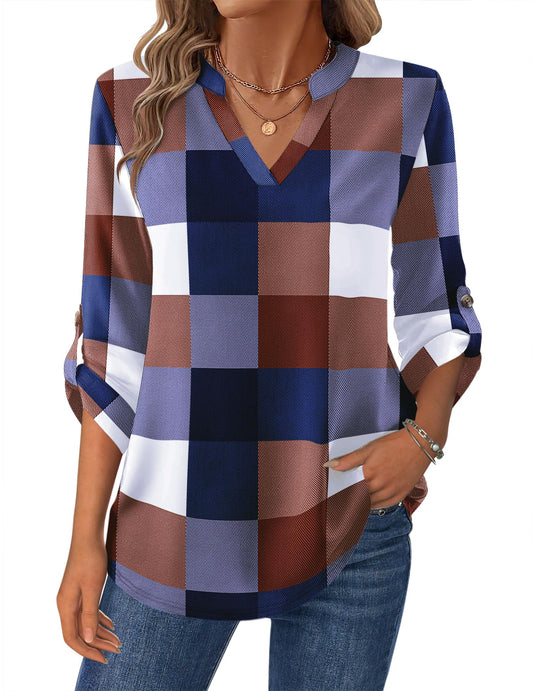 Zeagoo Womens Roll Up Long Sleeve Tops V Neck Shirts Dressy Casual Work Blouses S-2XL