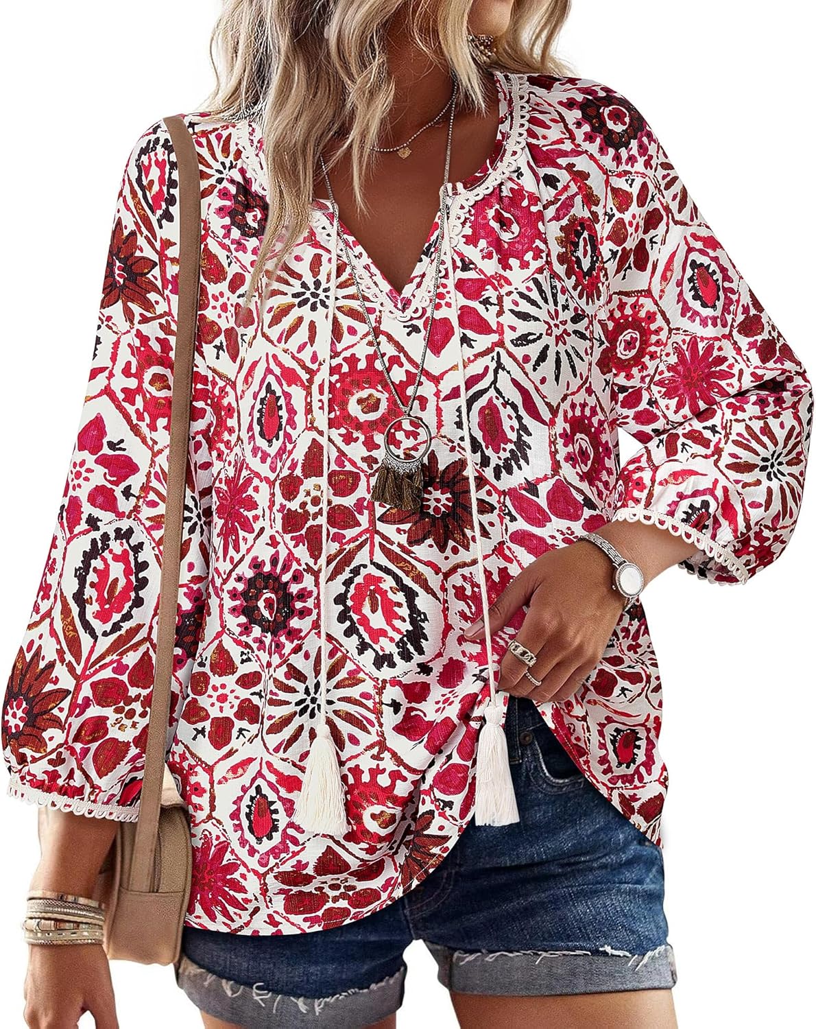 Vivilli Womens Boho Tops Casual V Neck 3/4 Sleeve Blouses Floral Print Shirt Tie Front Flowy Vacation Clothes