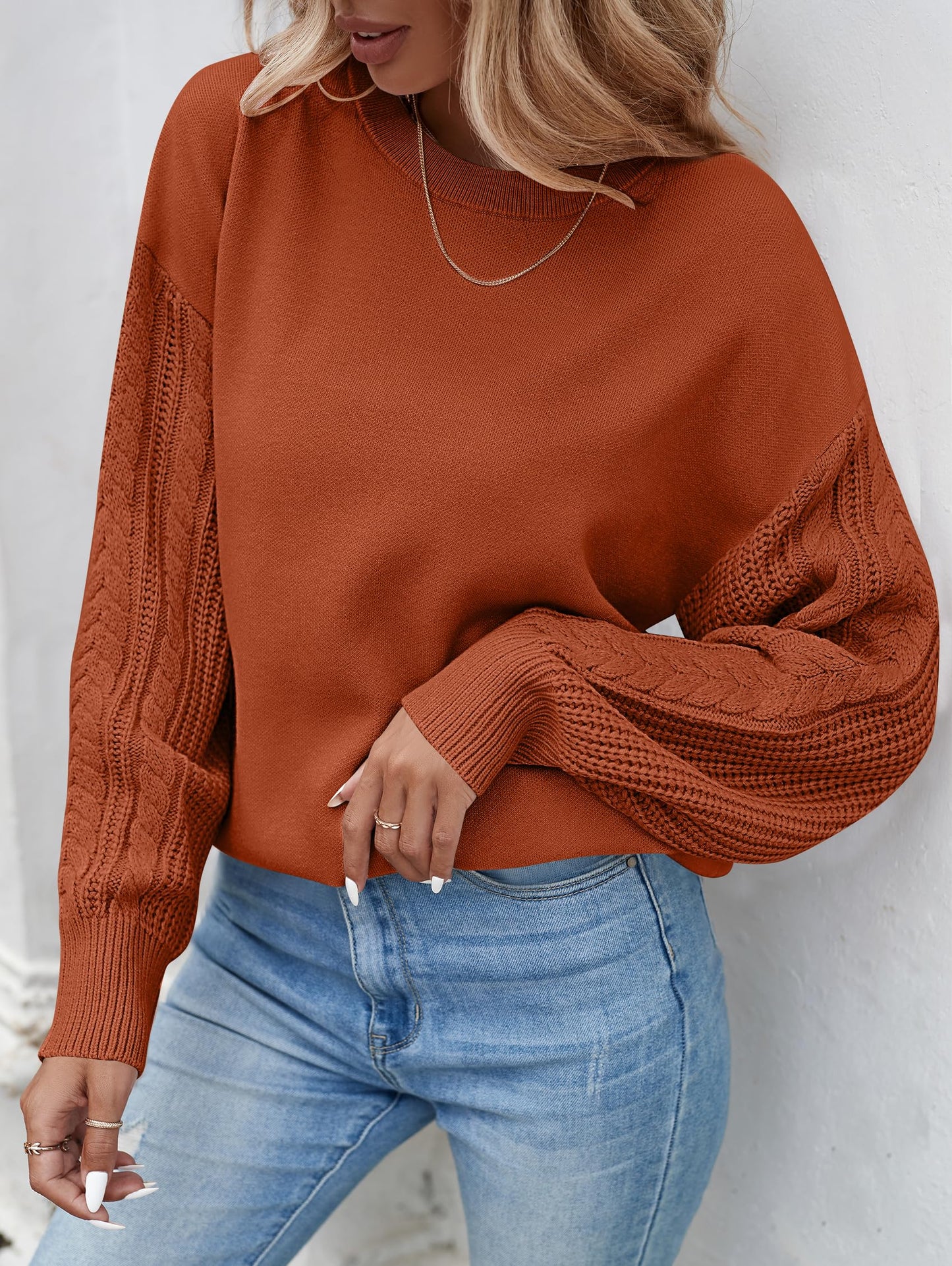 ZESICA Women's Fall Long Sleeve Crew Neck Solid Color Cable Knit Chunky Casual Oversized Pullover Sweater Tops