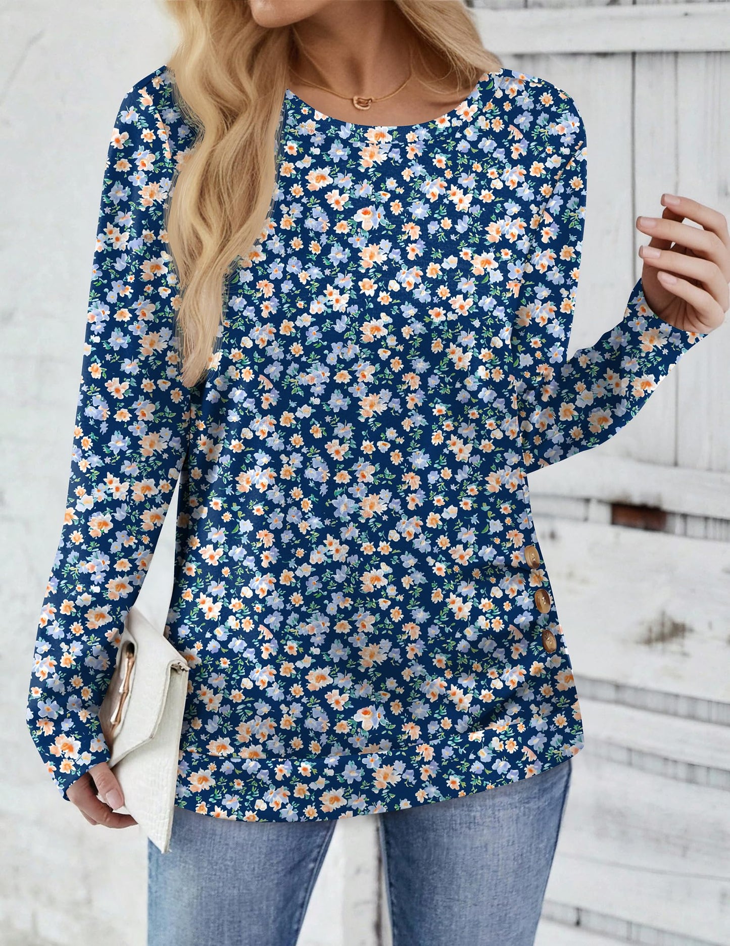 Zeagoo Womens Tops 2025 Long Sleeve Shirts for Fall Round Neck Blouses Floral Tunic Tops with Buttons Decor