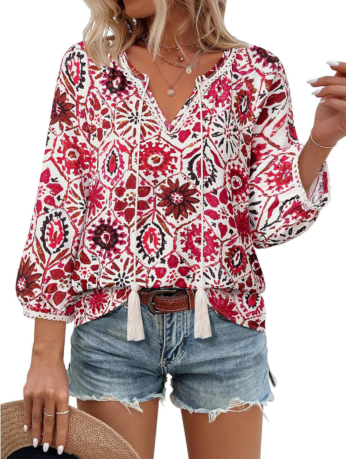 Vivilli Womens Boho Tops Casual V Neck 3/4 Sleeve Blouses Floral Print Shirt Tie Front Flowy Vacation Clothes