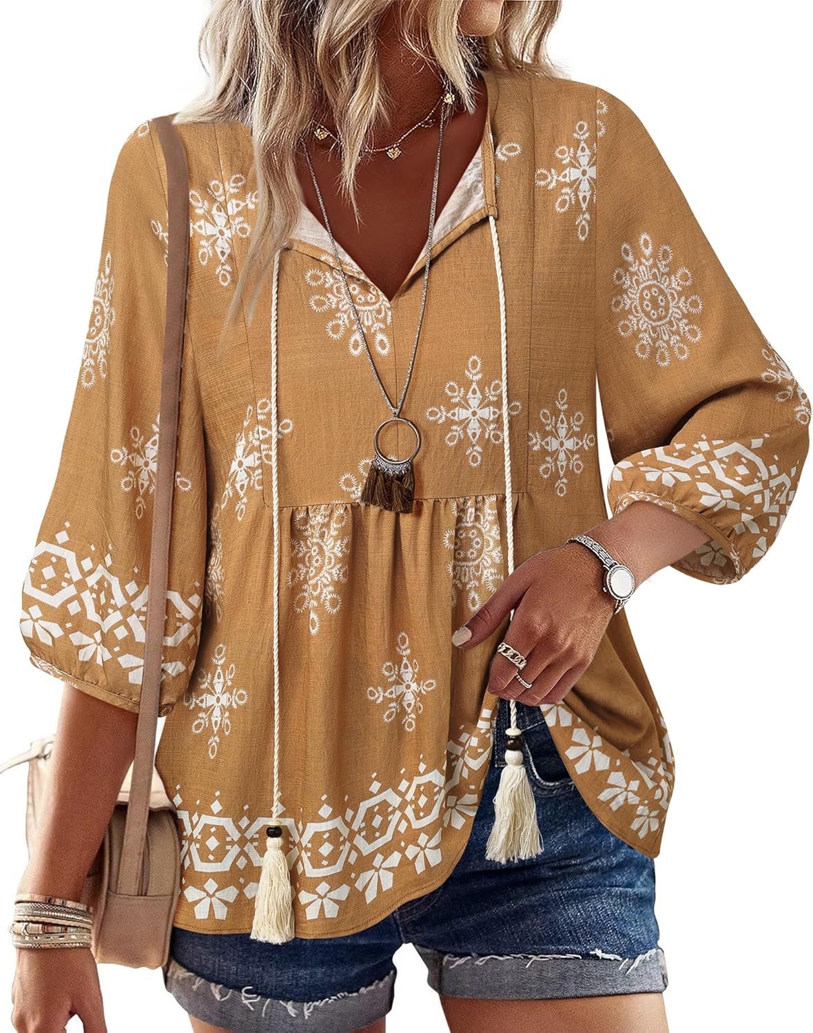 Vivilli Womens Summer Boho Babydoll Tops 3/4 Sleeve Pleated Peplum Peasant Blouses Casual V Neck Tie Front Fall Outfits