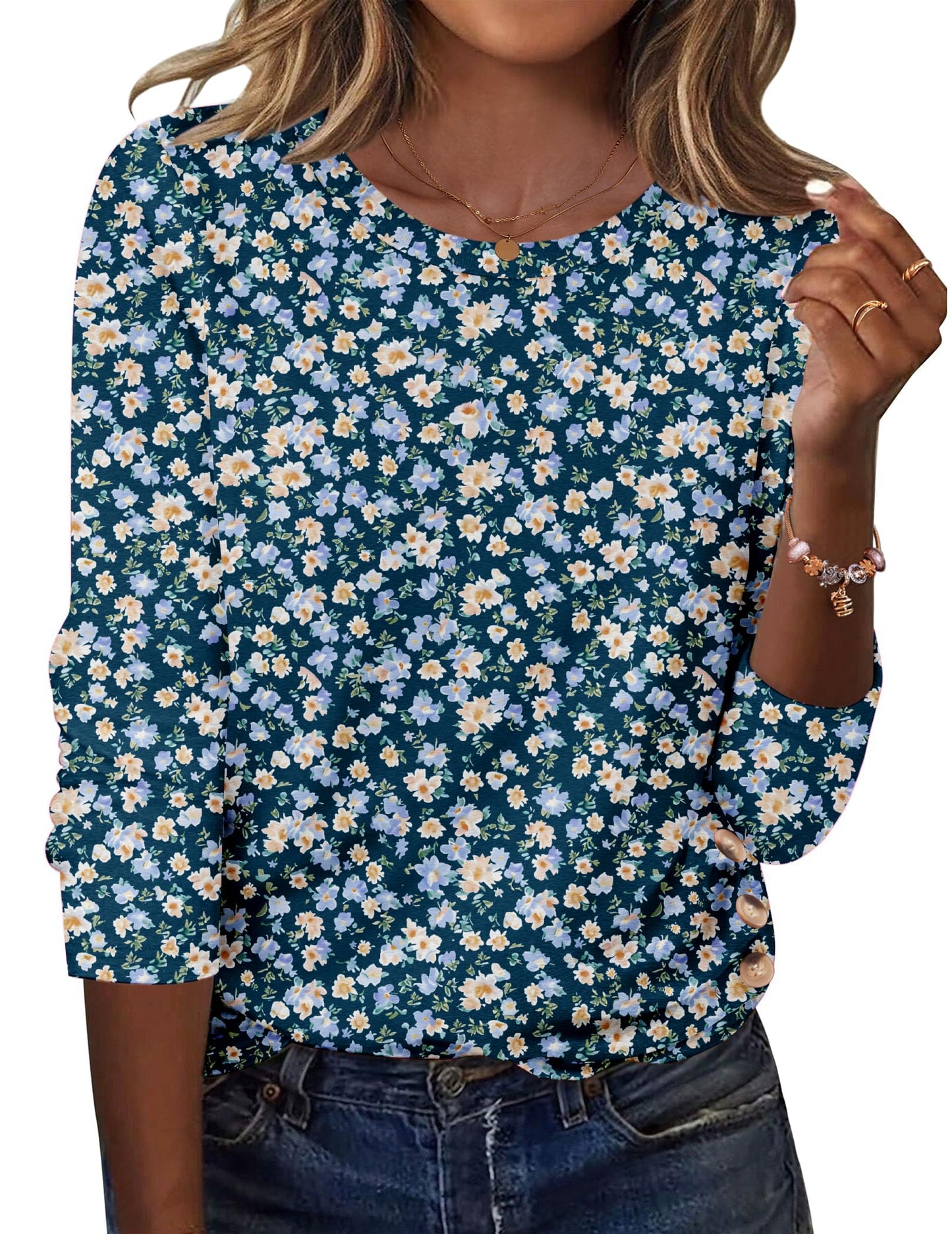 Zeagoo Womens Tops 2025 Long Sleeve Shirts for Fall Round Neck Blouses Floral Tunic Tops with Buttons Decor
