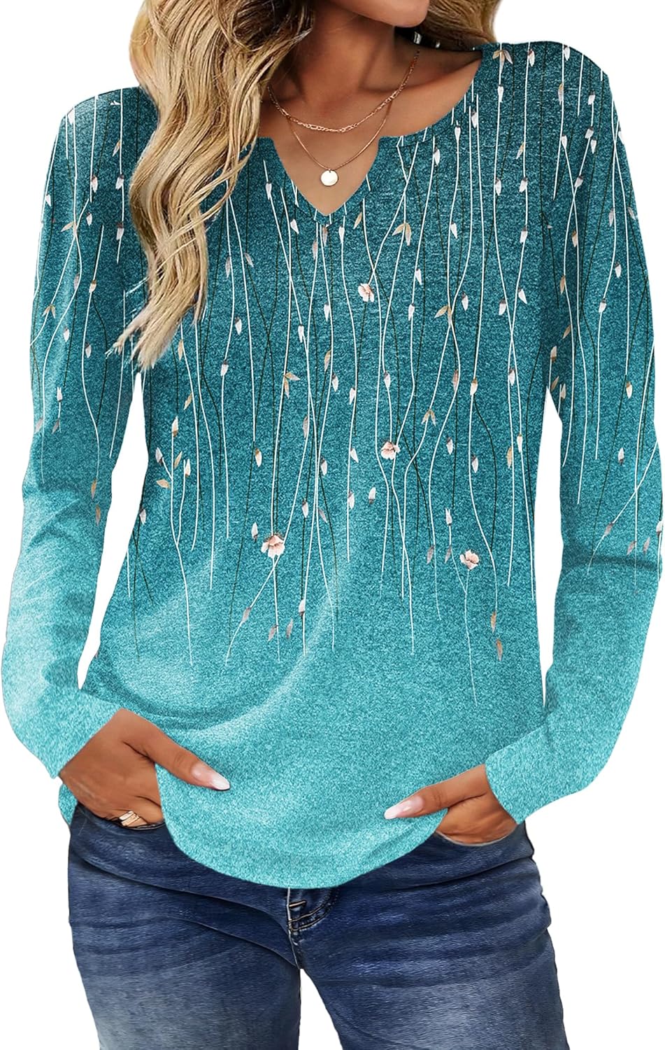 Zeagoo Boho Tops for Women Long Sleeve V Neck Fall Shirt Casual Dressy Blouse Tunic Business Work Clothes School Outfits
