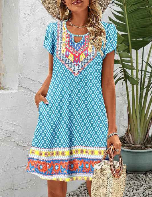 HOTOUCH Women's Casual A-Line Dress with Pockets Summer Beach Floral Tshirt Dress Short Sleeve Mini Dress Flowy Sundresses