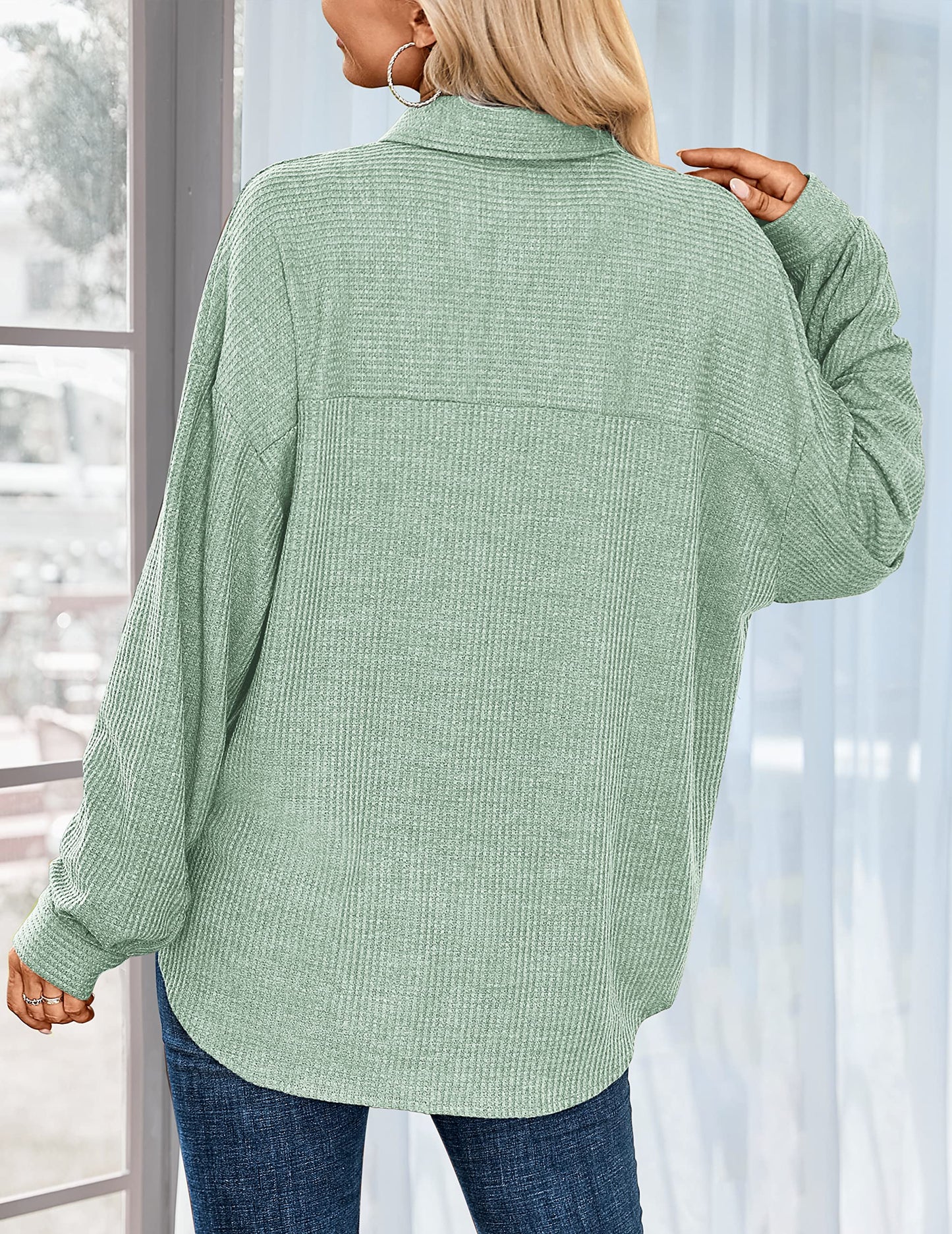 HOTOUCH Waffle Button Down Shirts for Women Dressy Casual Work Shacket V Neck Long Sleeve Lightweight Tops with Pocket