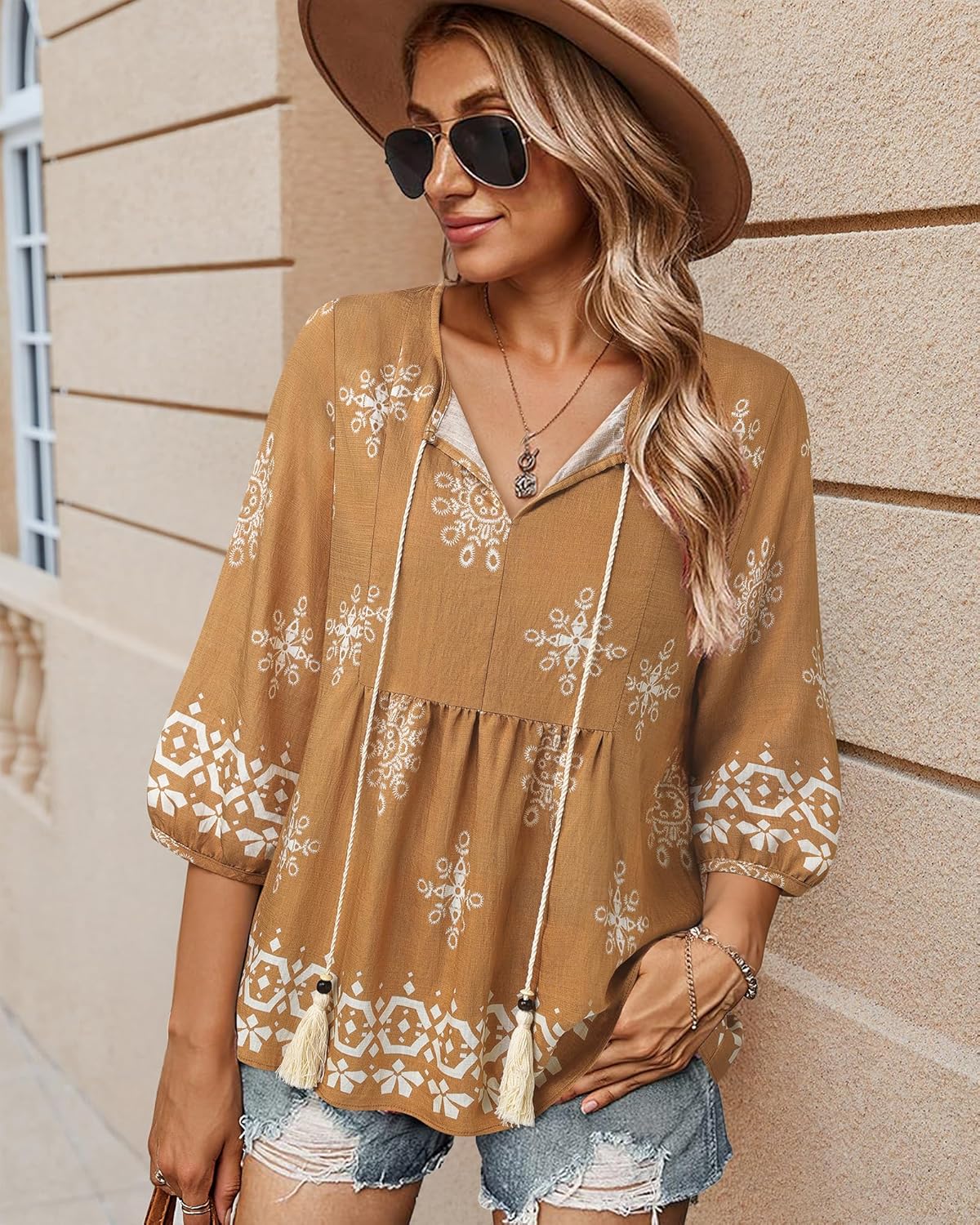 Vivilli Womens Summer Boho Babydoll Tops 3/4 Sleeve Pleated Peplum Peasant Blouses Casual V Neck Tie Front Fall Outfits