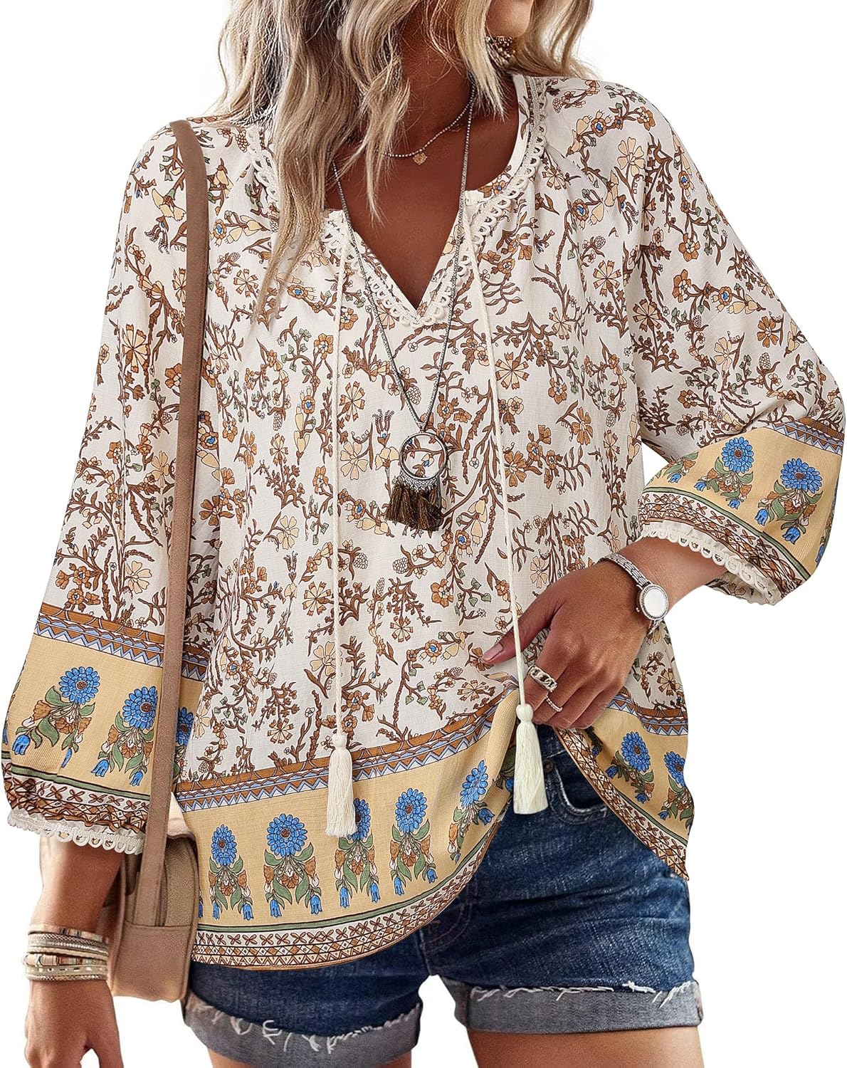Vivilli Womens Boho Tops Casual V Neck 3/4 Sleeve Blouses Floral Print Shirt Tie Front Flowy Vacation Clothes