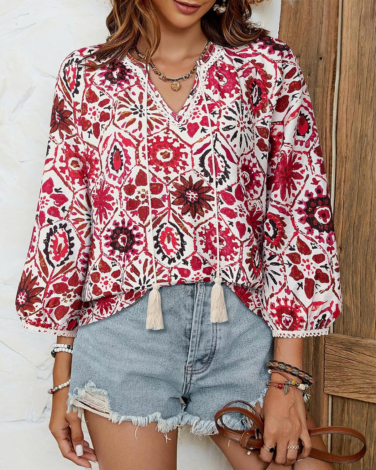 Vivilli Womens Boho Tops Casual V Neck 3/4 Sleeve Blouses Floral Print Shirt Tie Front Flowy Vacation Clothes
