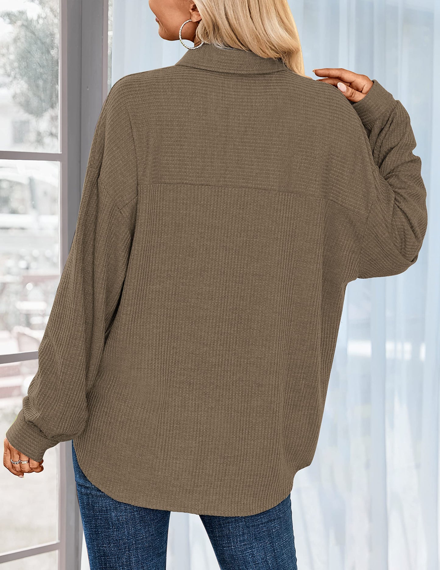 HOTOUCH Waffle Button Down Shirts for Women Dressy Casual Work Shacket V Neck Long Sleeve Lightweight Tops with Pocket