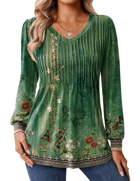 Zeagoo Long Sleeve Shirts for Women Casual V Neck Top Pleated Floral Boho Blouses 2025 Fall Tunics