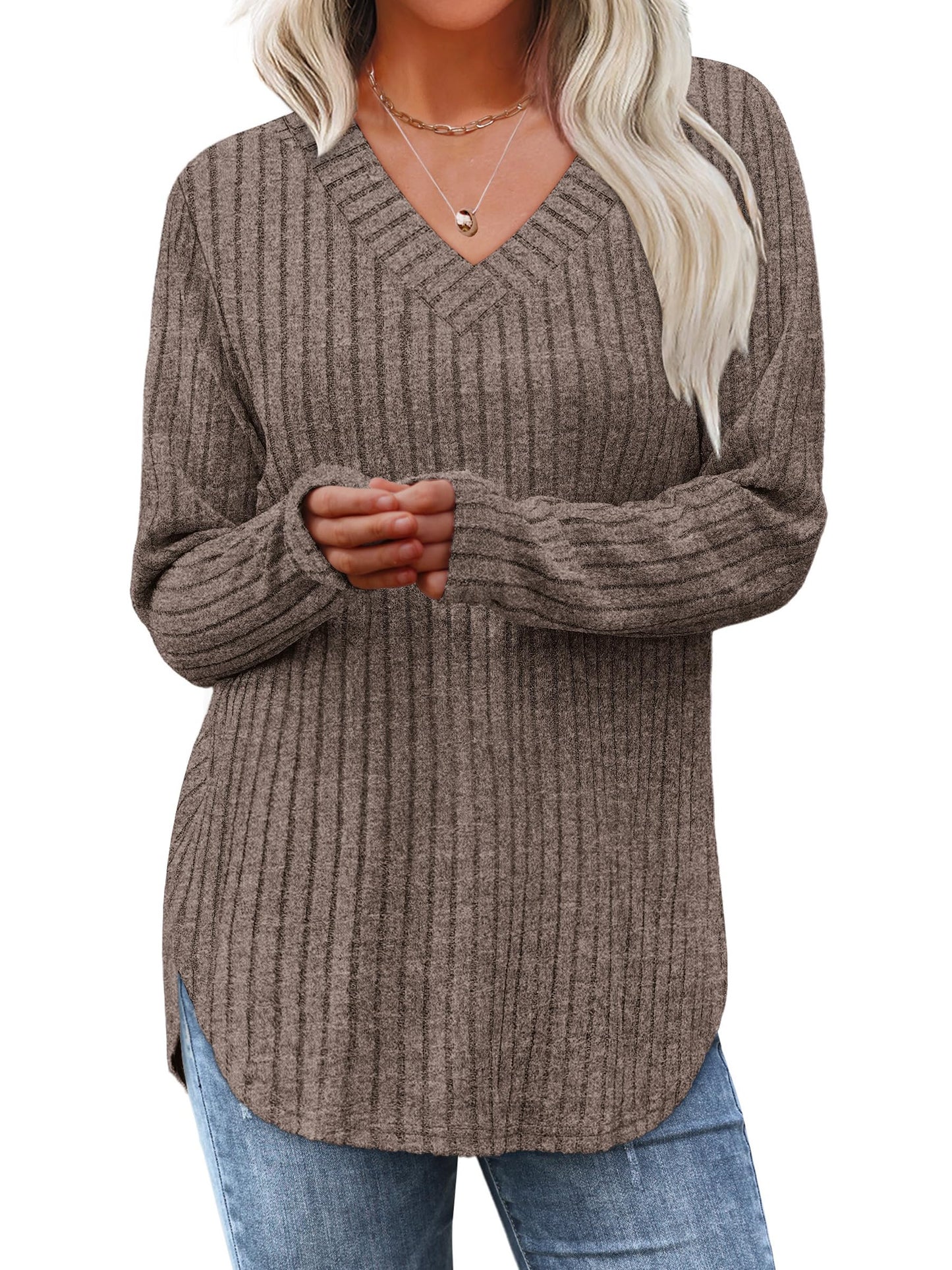 WIHOLL Long Sleeve Shirts for Women V Neck Tops Tunic Fall Winter Sweaters 2025 Clothes