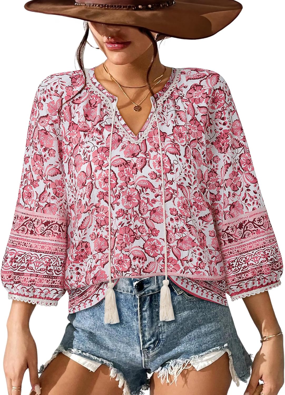 Vivilli Womens Boho Tops Casual V Neck 3/4 Sleeve Blouses Floral Print Shirt Tie Front Flowy Vacation Clothes