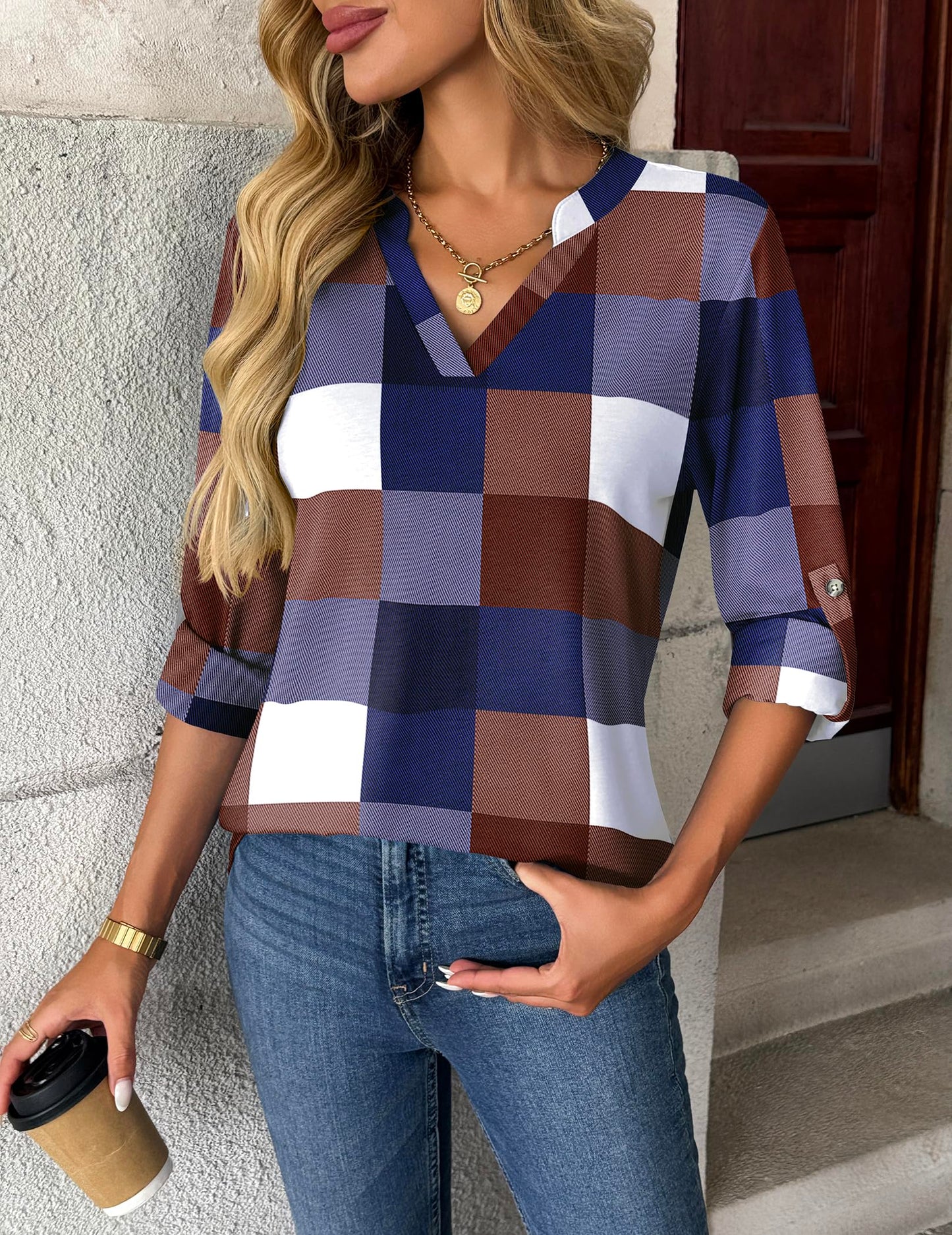 Zeagoo Womens Roll Up Long Sleeve Tops V Neck Shirts Dressy Casual Work Blouses S-2XL