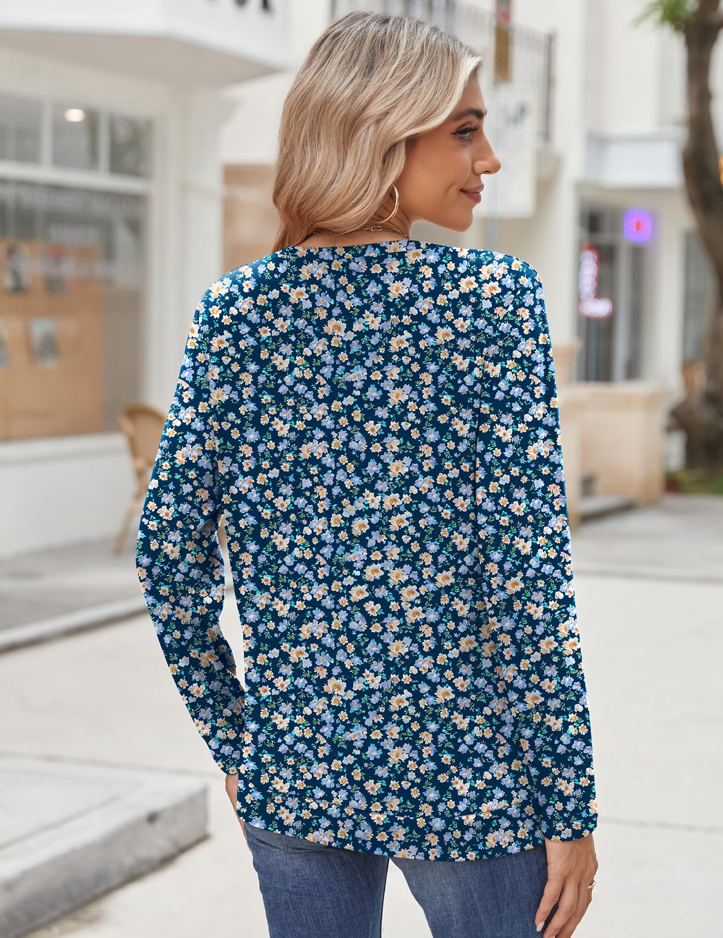 Zeagoo Womens Tops 2025 Long Sleeve Shirts for Fall Round Neck Blouses Floral Tunic Tops with Buttons Decor