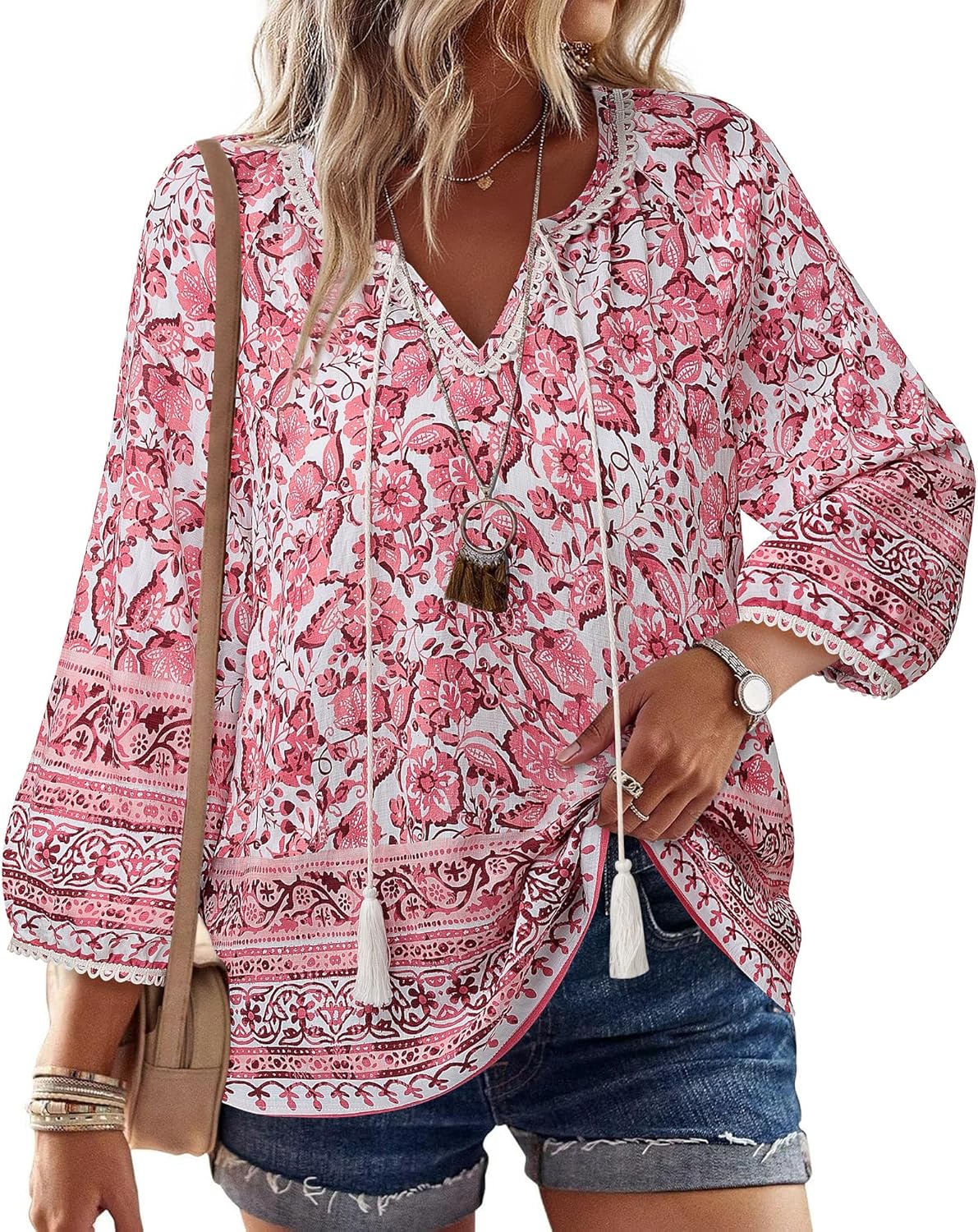 Vivilli Womens Boho Tops Casual V Neck 3/4 Sleeve Blouses Floral Print Shirt Tie Front Flowy Vacation Clothes