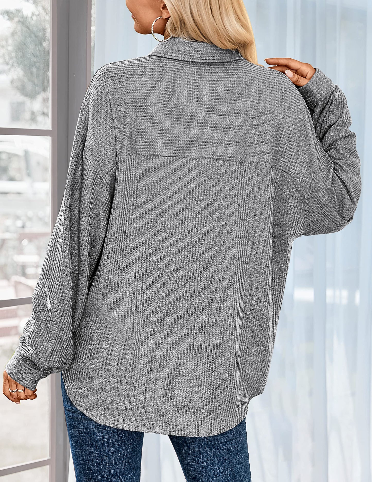 HOTOUCH Waffle Button Down Shirts for Women Dressy Casual Work Shacket V Neck Long Sleeve Lightweight Tops with Pocket