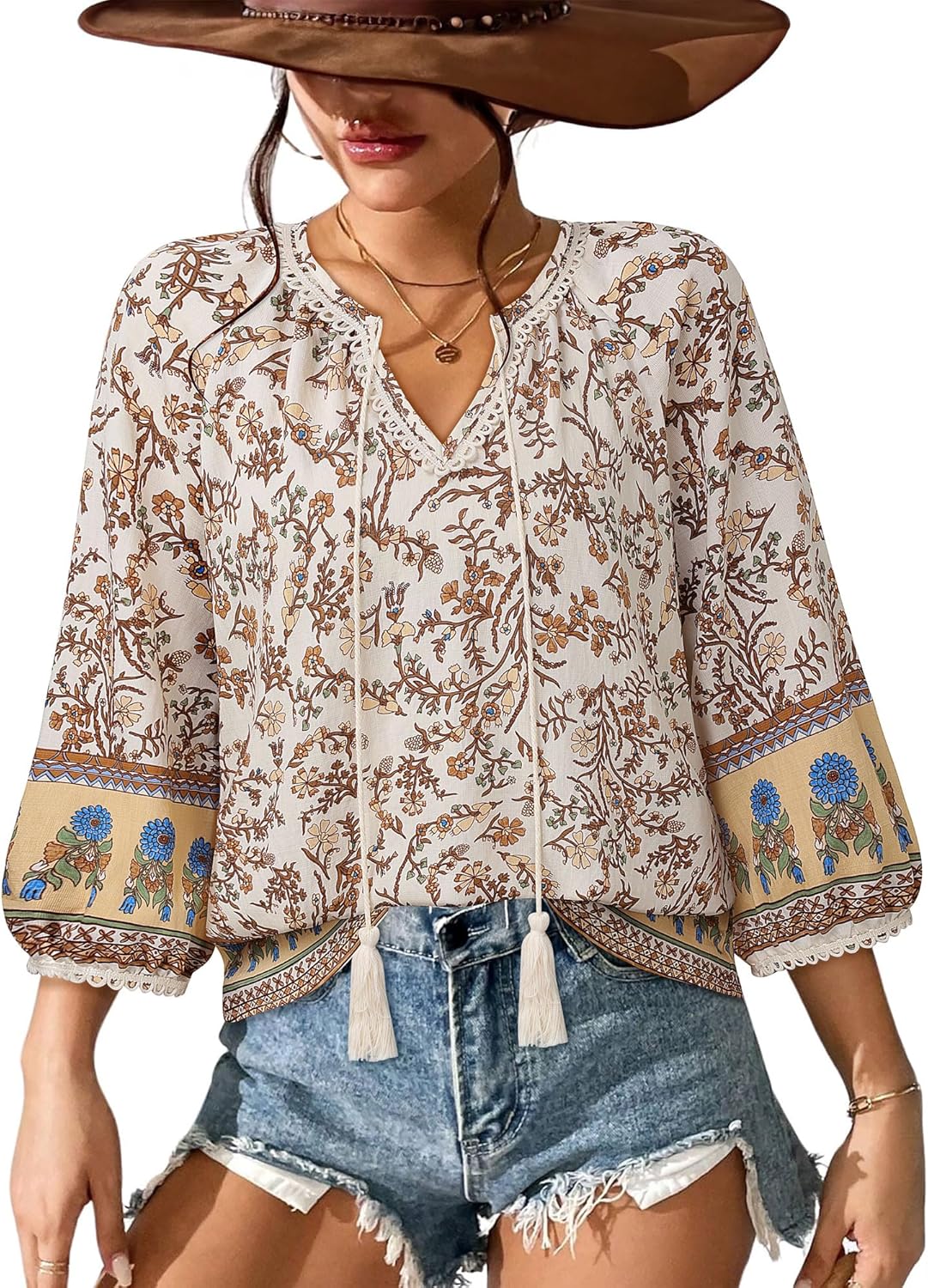Vivilli Womens Boho Tops Casual V Neck 3/4 Sleeve Blouses Floral Print Shirt Tie Front Flowy Vacation Clothes