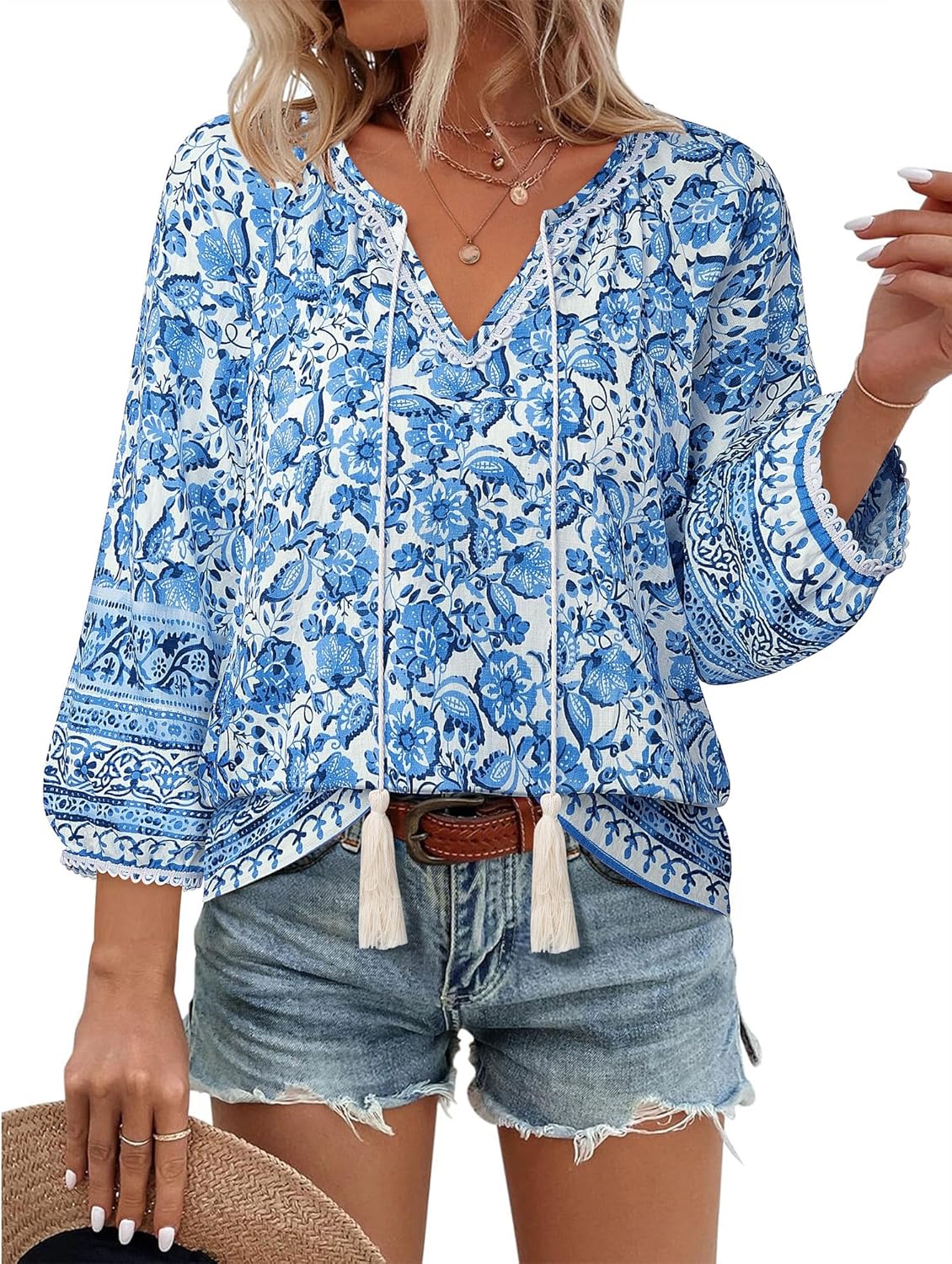 Vivilli Womens Boho Tops Casual V Neck 3/4 Sleeve Blouses Floral Print Shirt Tie Front Flowy Vacation Clothes