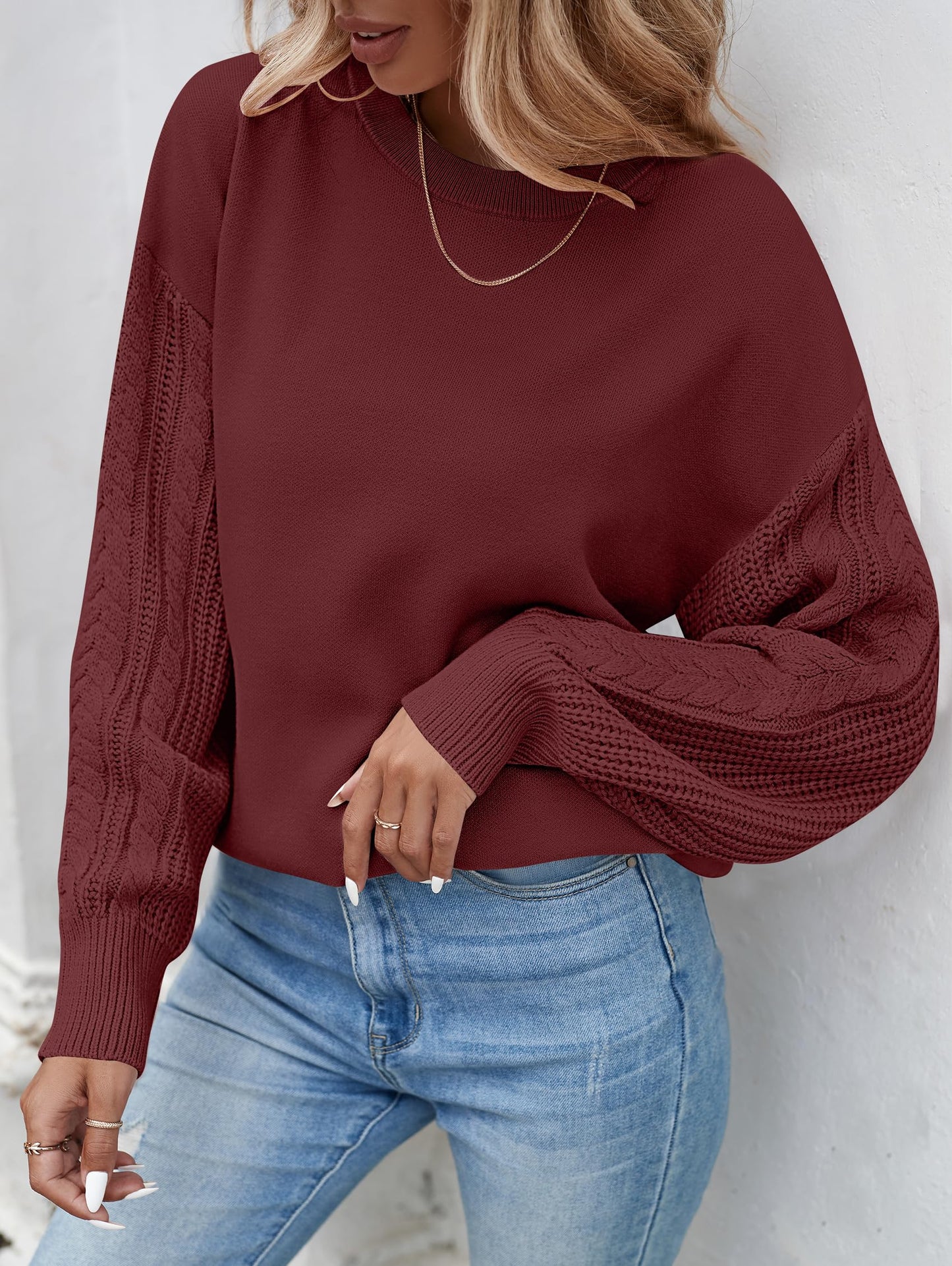ZESICA Women's Fall Long Sleeve Crew Neck Solid Color Cable Knit Chunky Casual Oversized Pullover Sweater Tops