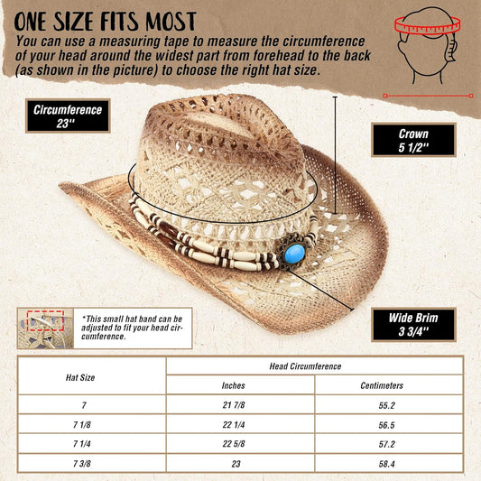 Straw Cowboy Hat Western Cowgirl Hat with Four Decorative Bands, Hat Size Fits 21 7/8 to 23, Wide Brim