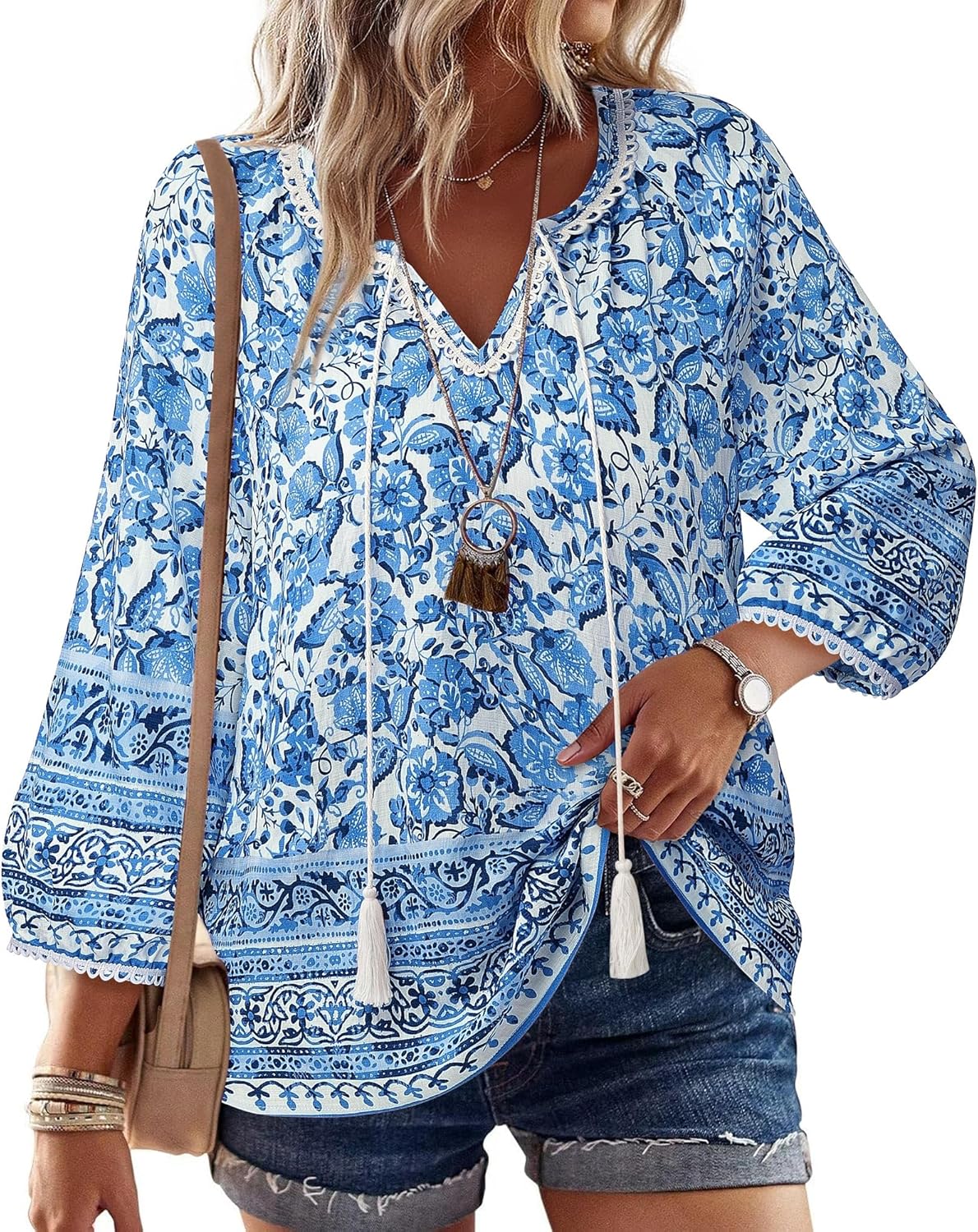 Vivilli Womens Boho Tops Casual V Neck 3/4 Sleeve Blouses Floral Print Shirt Tie Front Flowy Vacation Clothes