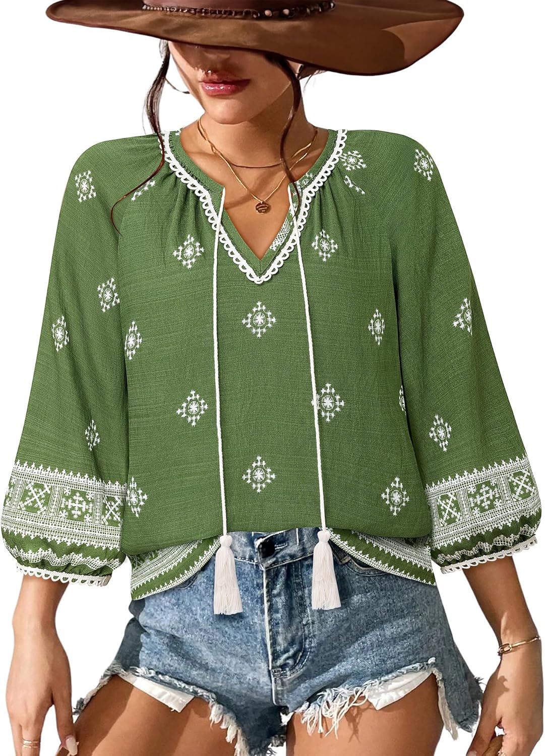 Vivilli Womens Boho Tops Casual V Neck 3/4 Sleeve Blouses Floral Print Shirt Tie Front Flowy Vacation Clothes